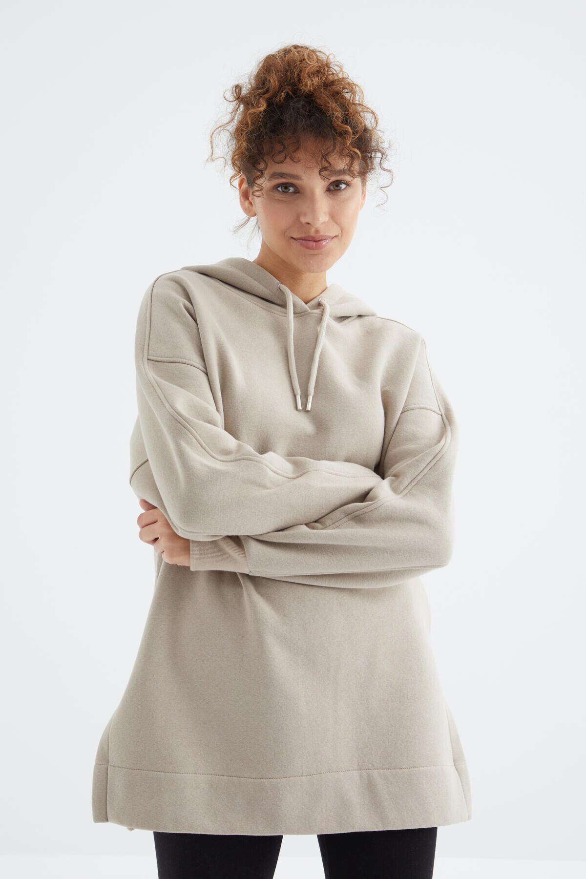 Koyu Bej Reglan Kol Basic Kapüşonlu Oversize Sweatshirt Tunik - 97242