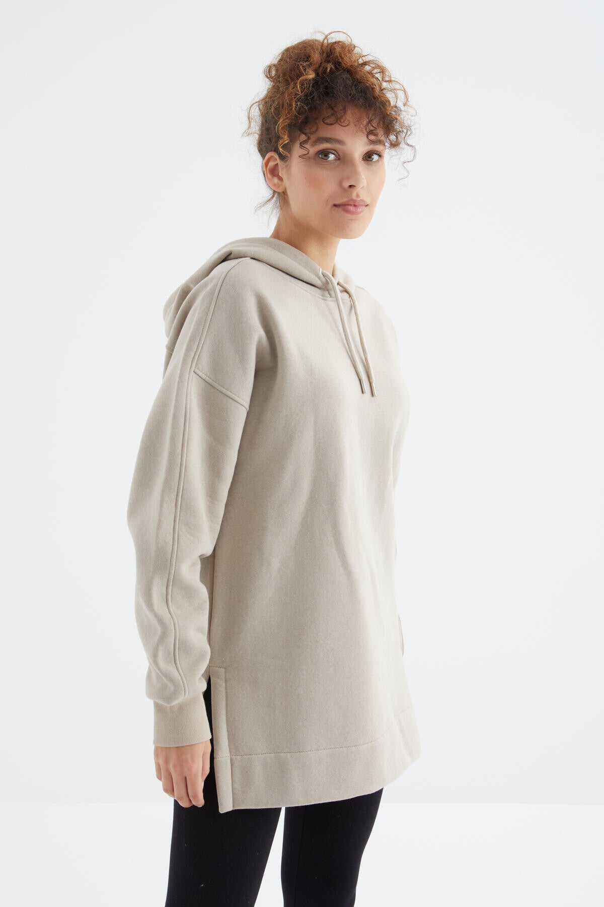 Koyu Bej Reglan Kol Basic Kapüşonlu Oversize Sweatshirt Tunik - 97242