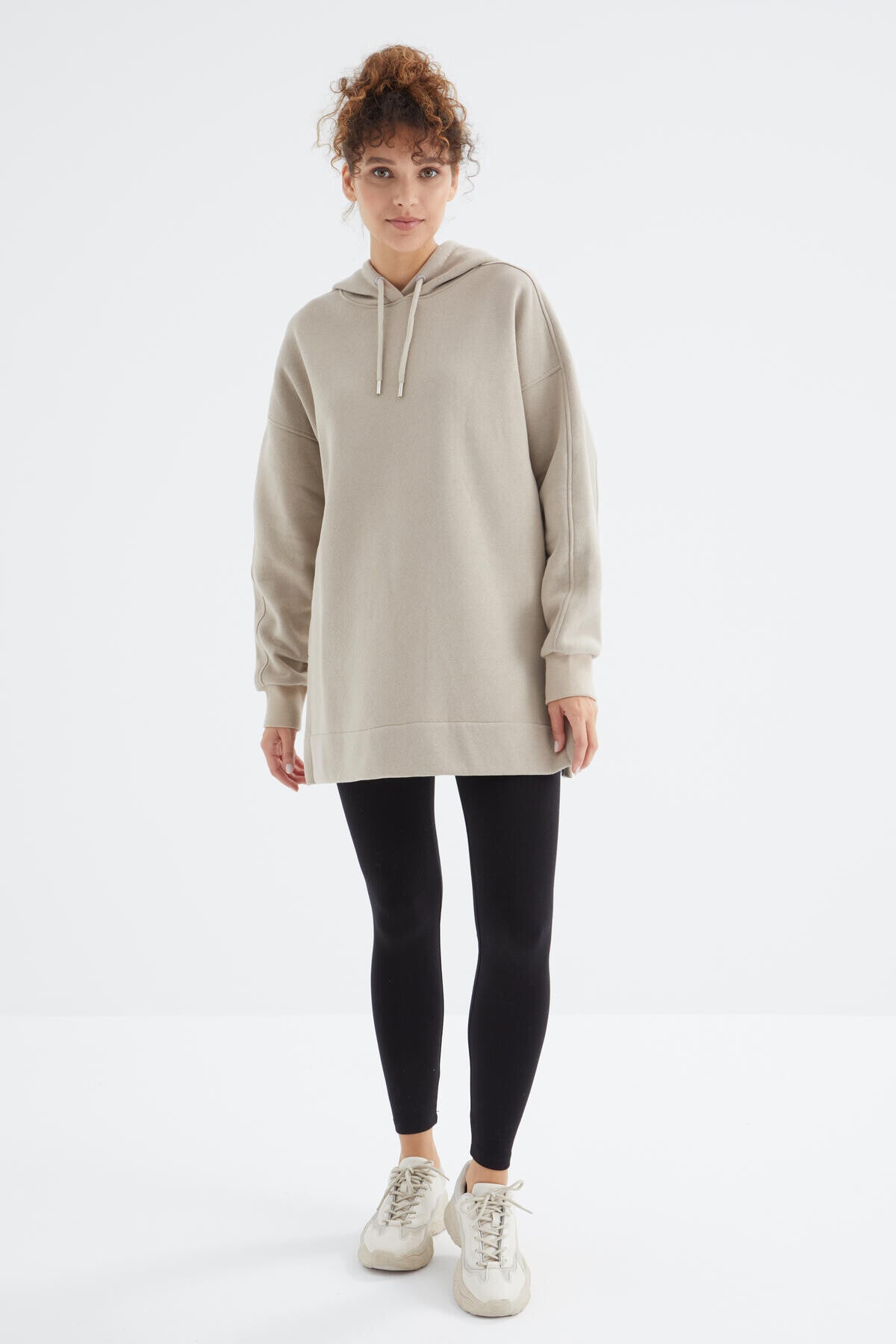 Koyu Bej Reglan Kol Basic Kapüşonlu Oversize Sweatshirt Tunik - 97242