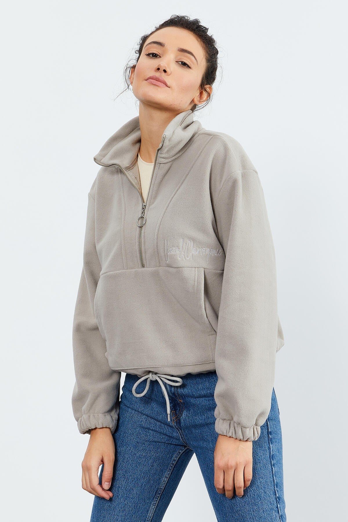 Koyu Bej Yarım Fermuar Etek Ucu Büzgülü Kadın Polar Oversize Sweatshirt - 97171