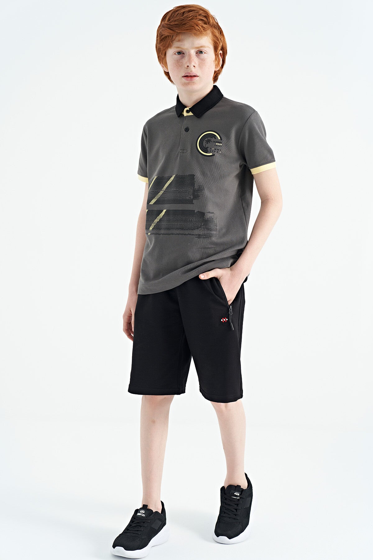 Koyu Gri Baskı Detaylı Polo Yaka Standart Kalıp Erkek Çocuk T-Shirt - 11094