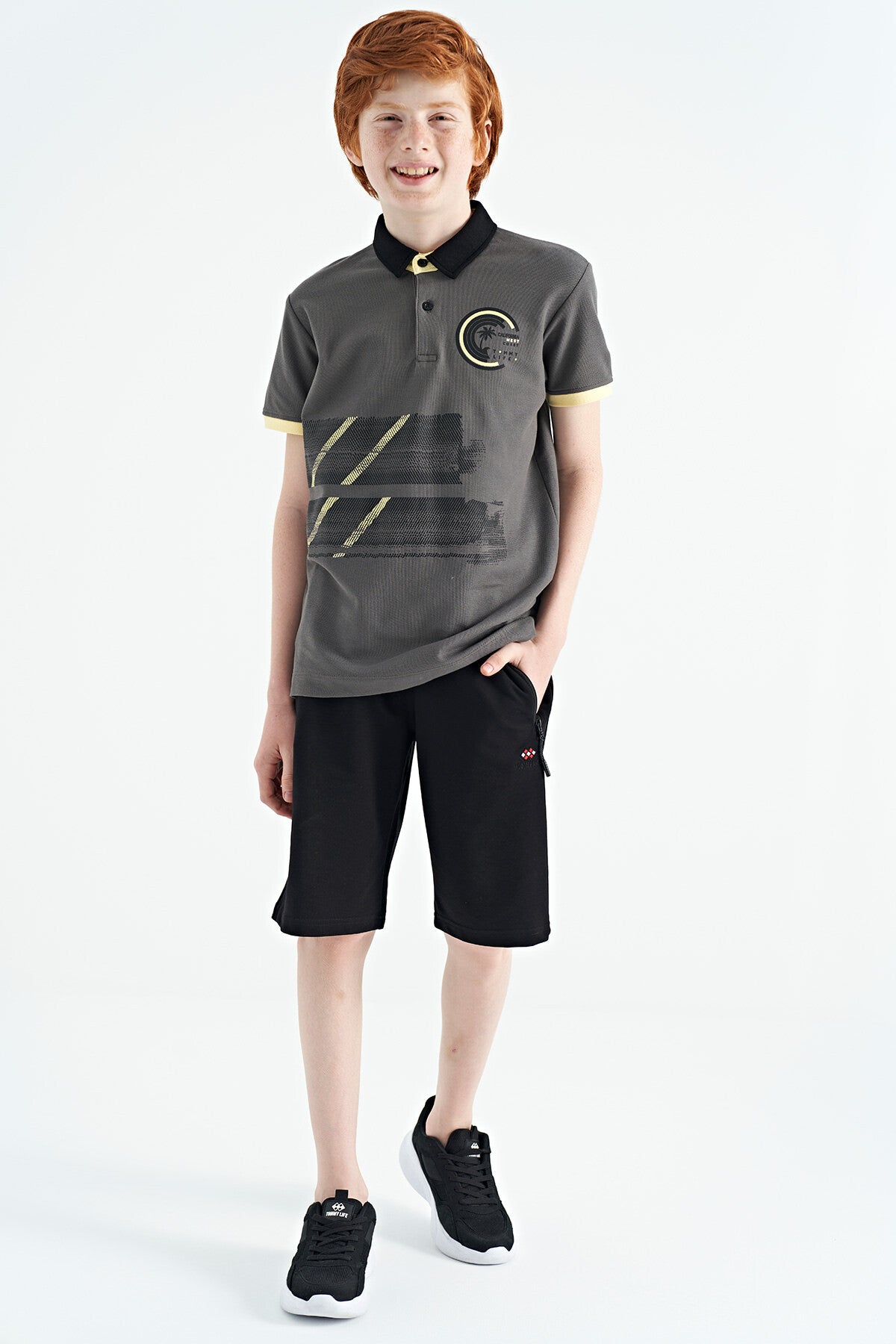 Koyu Gri Baskı Detaylı Polo Yaka Standart Kalıp Erkek Çocuk T-Shirt - 11094