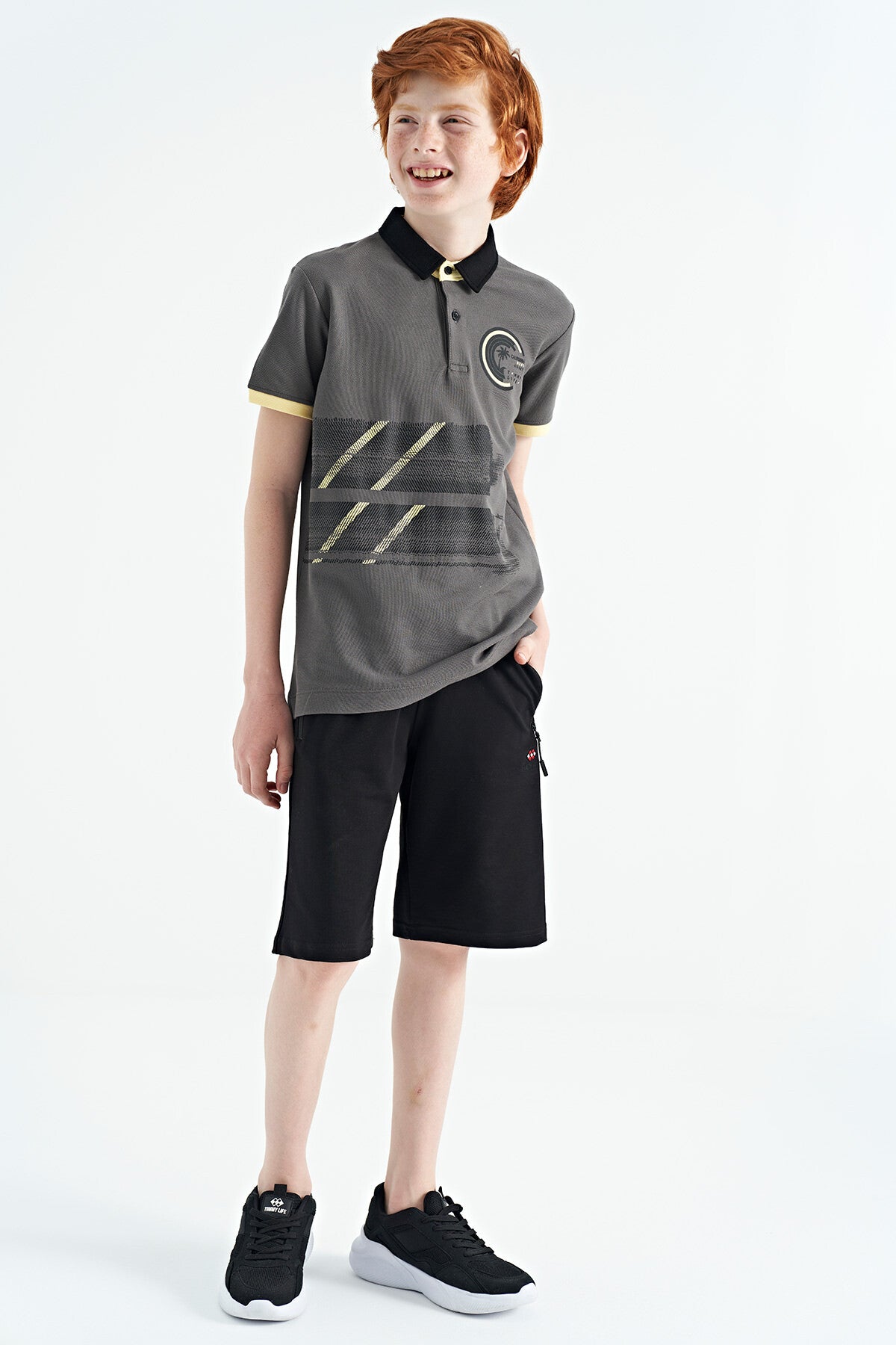 Koyu Gri Baskı Detaylı Polo Yaka Standart Kalıp Erkek Çocuk T-Shirt - 11094