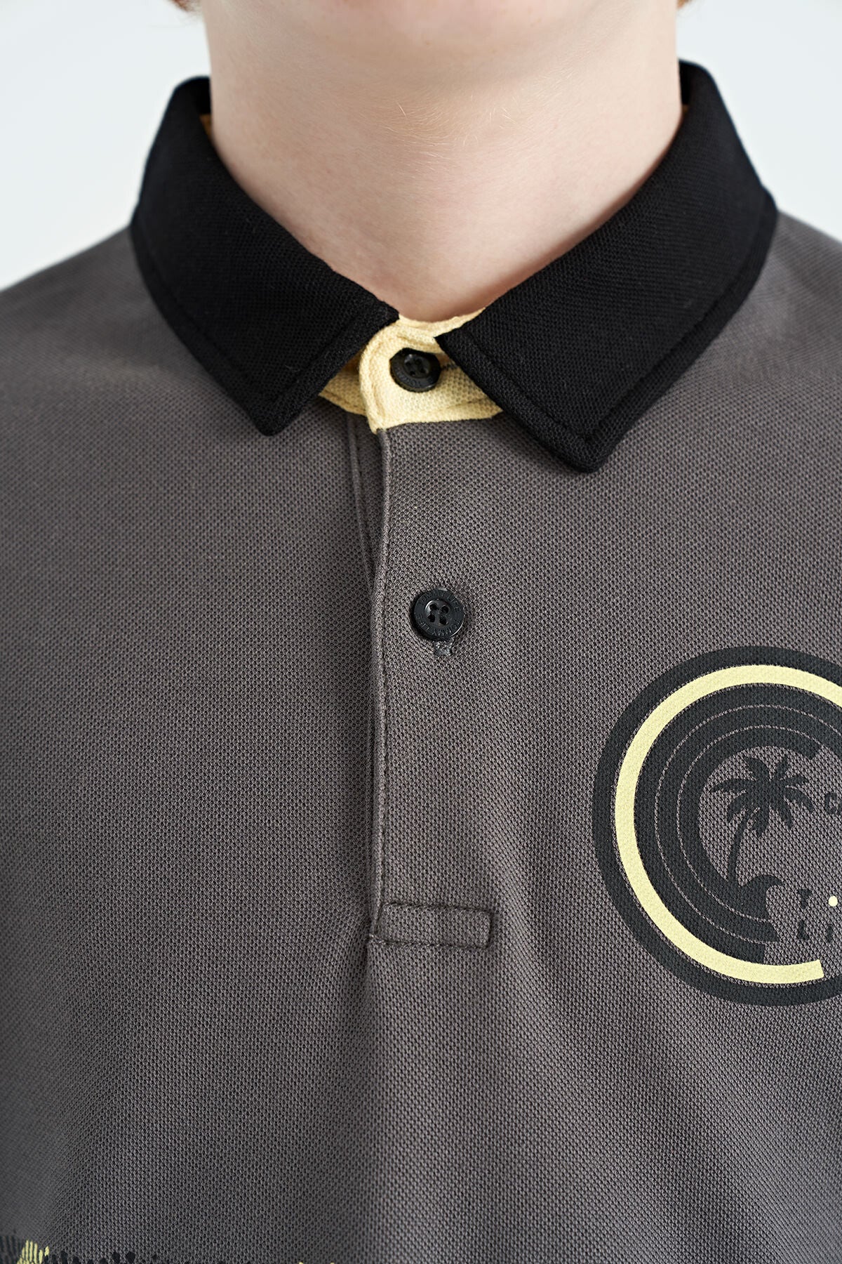 Koyu Gri Baskı Detaylı Polo Yaka Standart Kalıp Erkek Çocuk T-Shirt - 11094
