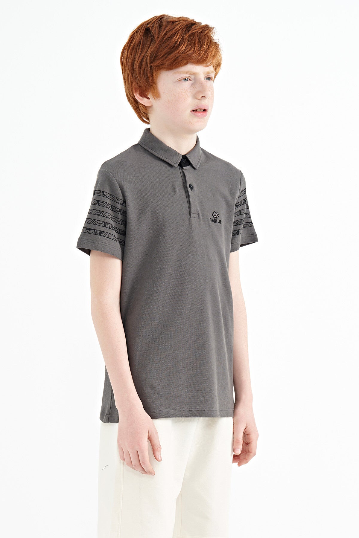 Koyu Gri Kol Baskı Detaylı Standart Kalıp Polo Yaka Erkek Çocuk T-Shirt - 11093