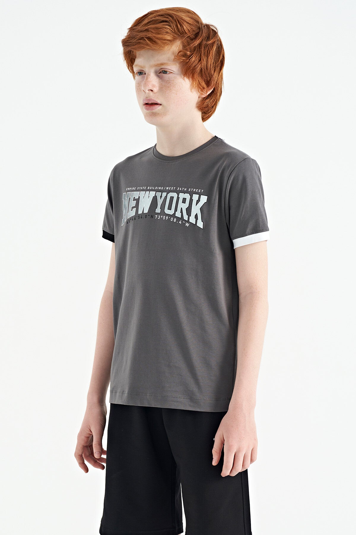 Koyu Gri Yazı Baskılı Standart Kalıp O Yaka Erkek  Çocuk T-Shirt - 11105