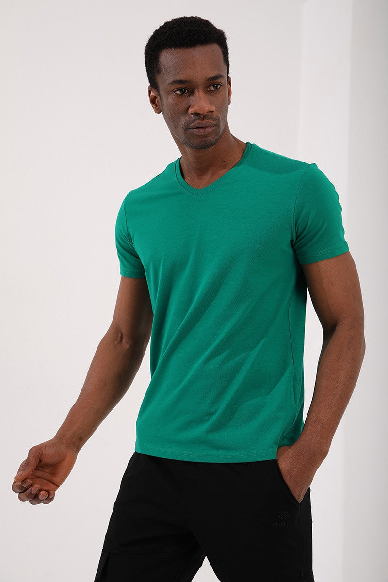 Koyu Yeşil Basic Kısa Kol Standart Kalıp V Yaka Erkek T-Shirt - 87912