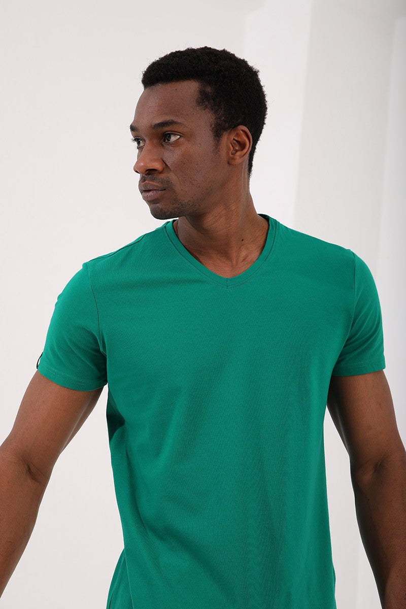 Koyu Yeşil Basic Kısa Kol Standart Kalıp V Yaka Erkek T-Shirt - 87912
