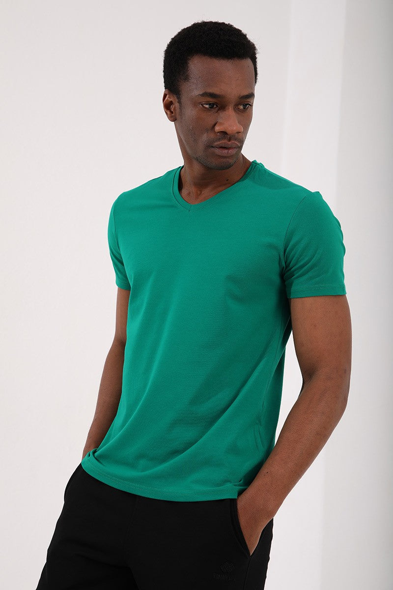 Koyu Yeşil Basic Kısa Kol Standart Kalıp V Yaka Erkek T-Shirt - 87912