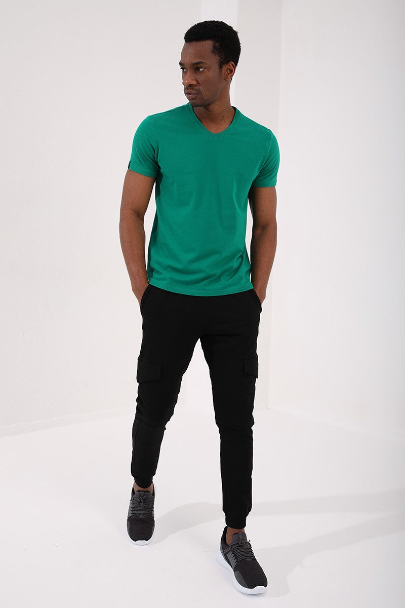 Koyu Yeşil Basic Kısa Kol Standart Kalıp V Yaka Erkek T-Shirt - 87912
