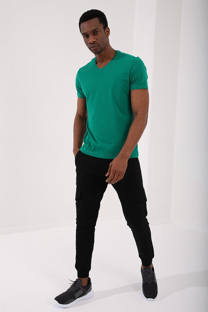 Koyu Yeşil Basic Kısa Kol Standart Kalıp V Yaka Erkek T-Shirt - 87912