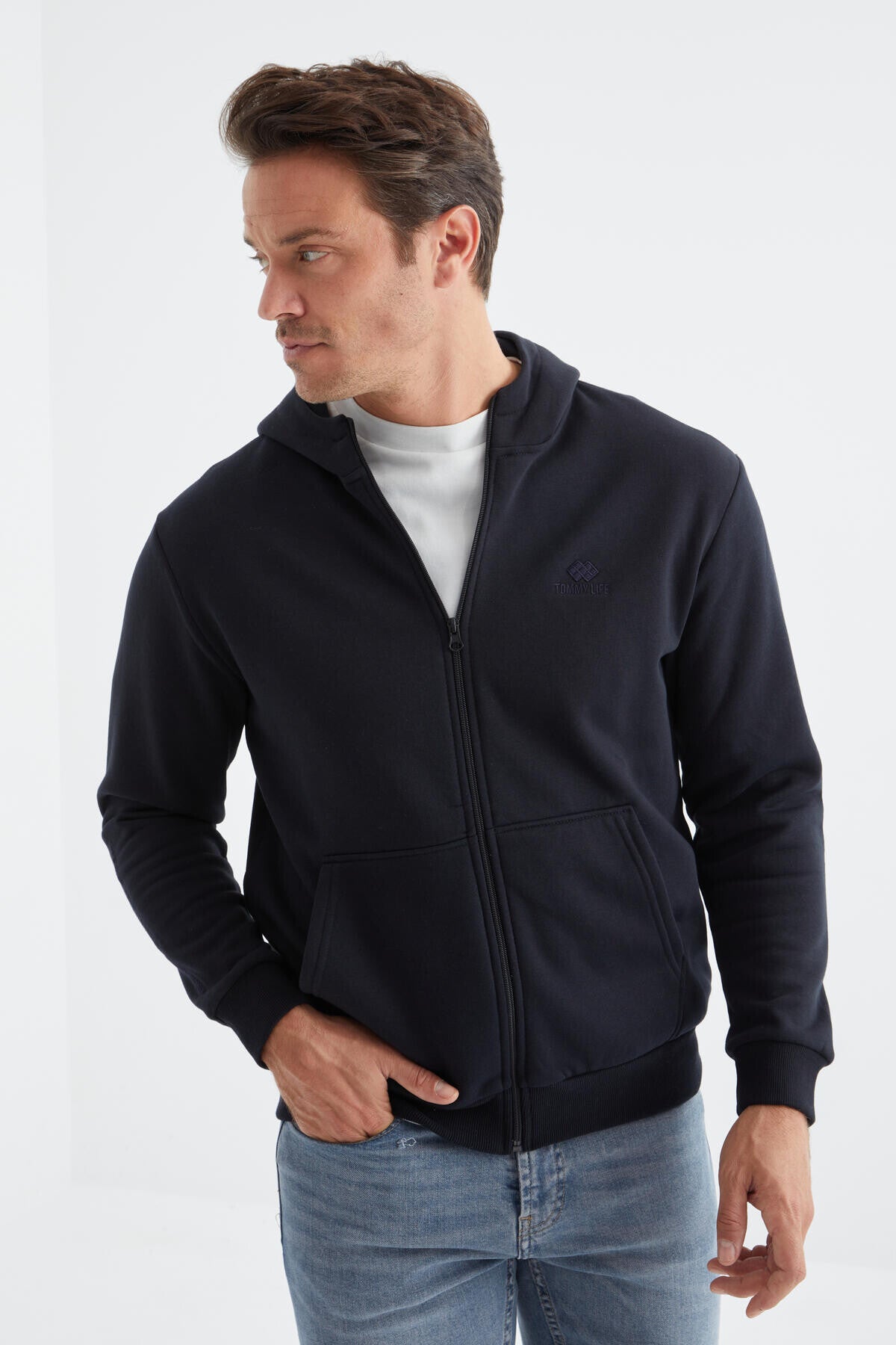 Lacivert Basic Kapüşonlu Rahat Form Nakış Detaylı Fermuarlı Erkek Sweatshirt - 88035