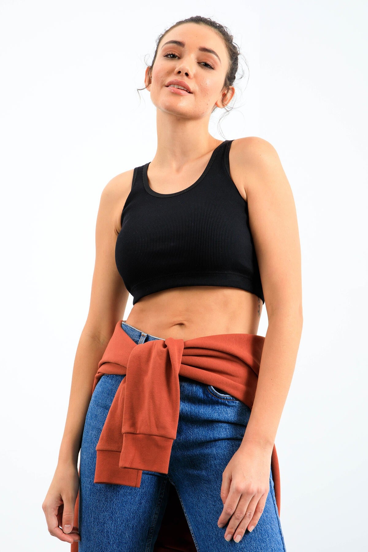 Lacivert Basic Sıfır Kol Dar Kalıp U Yaka Kadın Crop Top Atlet - 97160