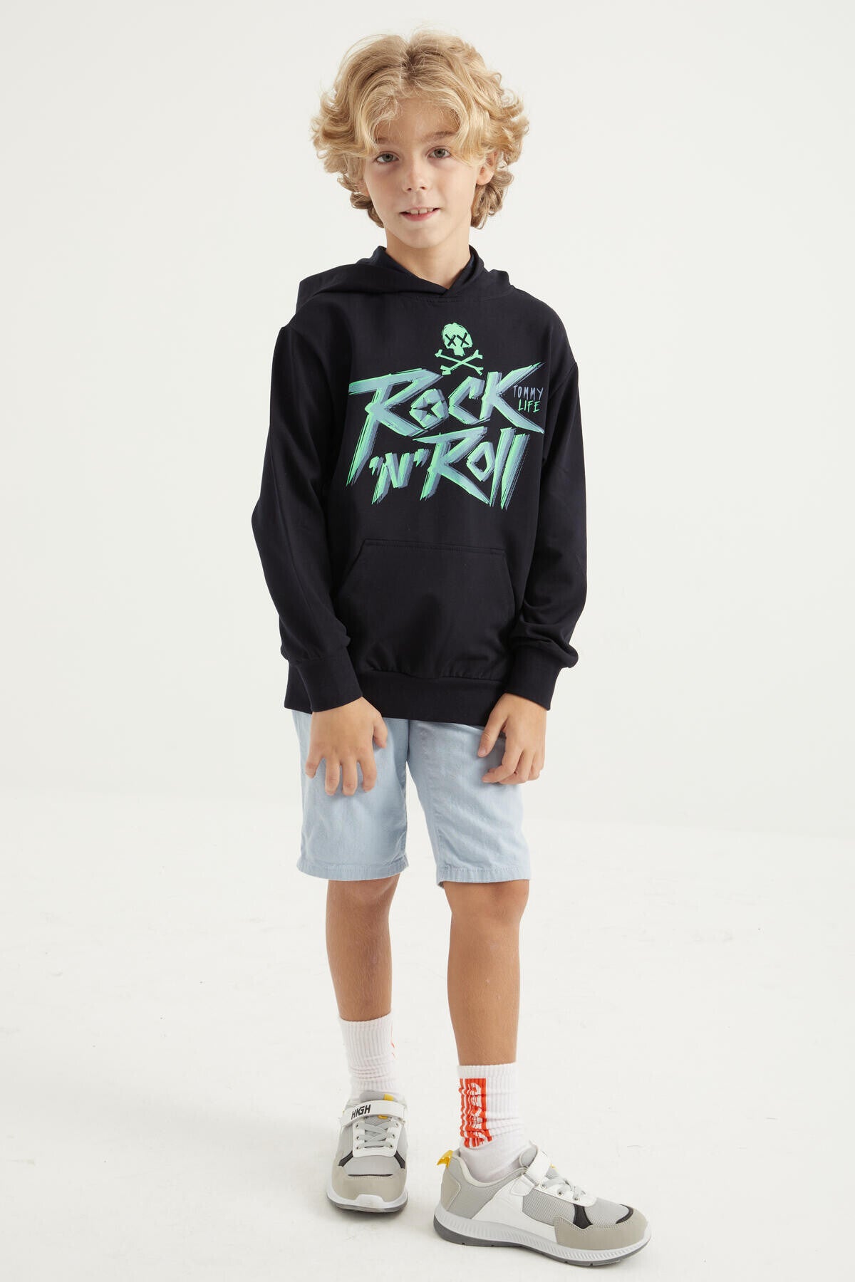 Lacivert Yazı Baskılı Kanguru Cepli Kapüşonlu Standart Kalıp Erkek Çocuk Sweatshirt - 11002