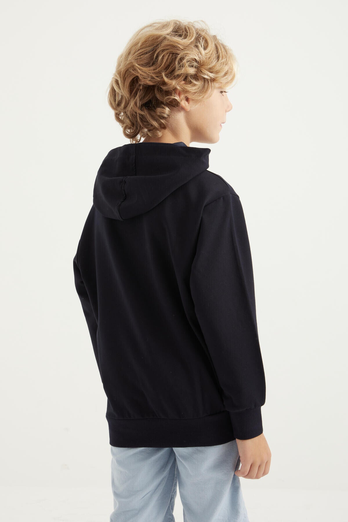 Lacivert Yazı Baskılı Kanguru Cepli Kapüşonlu Standart Kalıp Erkek Çocuk Sweatshirt - 11002