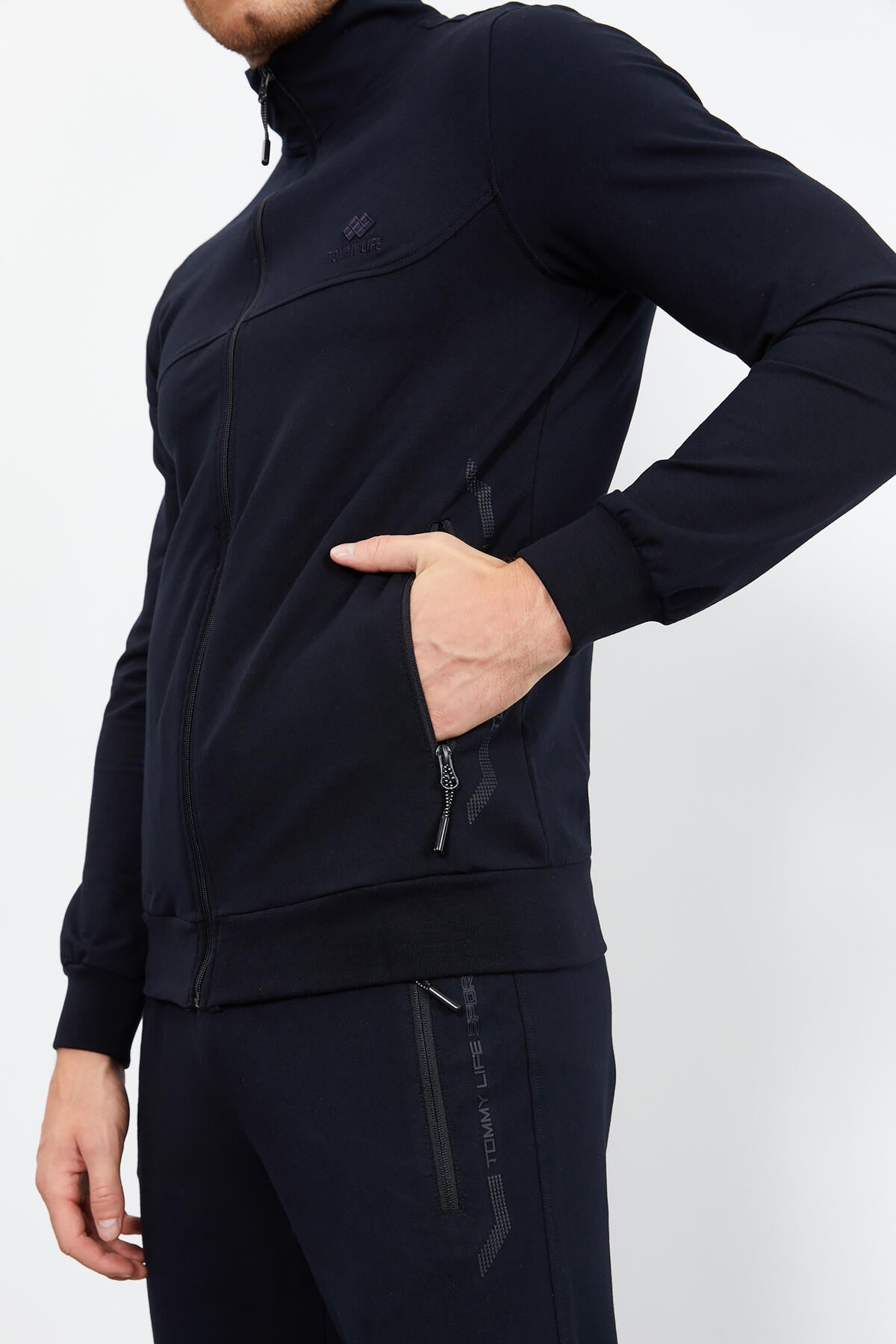 Lacivert Dik Yaka Fermuarlı Standart Kalıp Klasik Paça Erkek Eşofman Takımı - 85152