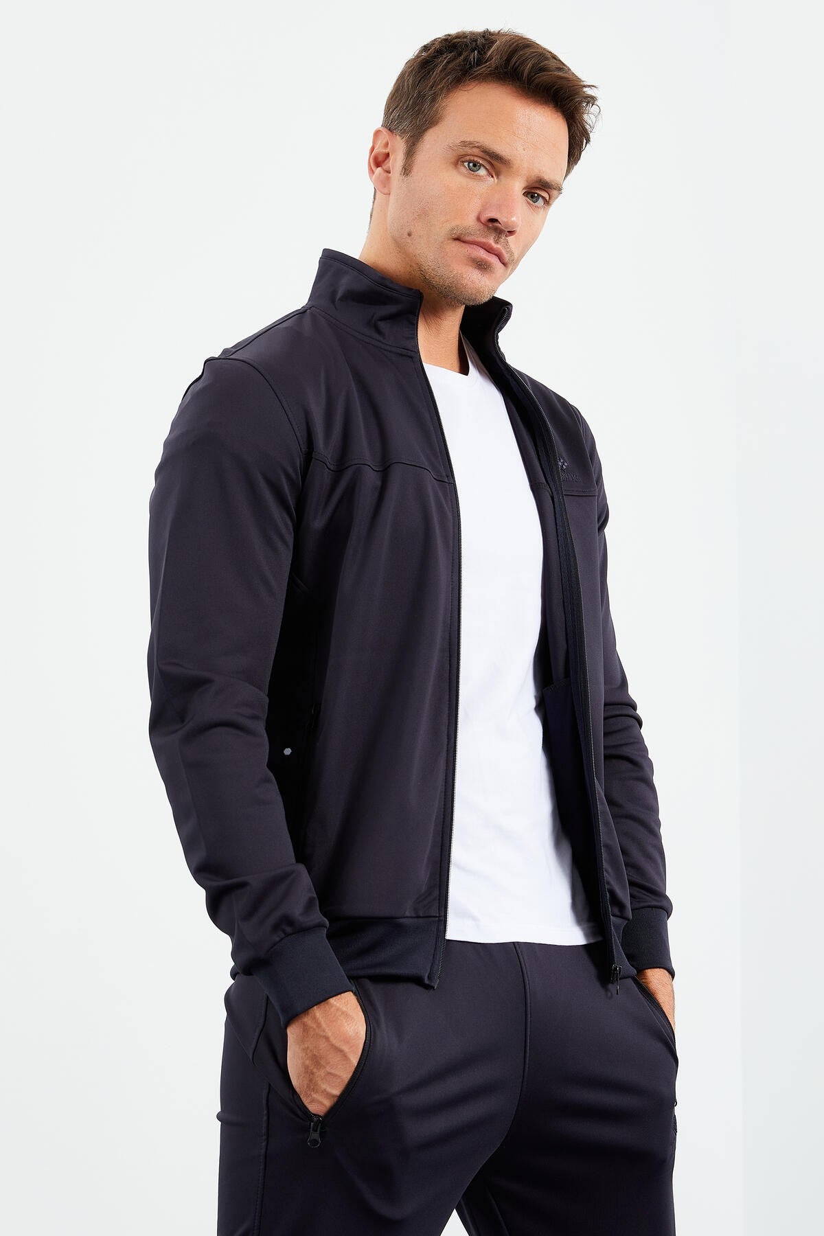 Lacivert Dik Yaka Fermuarlı Standart Kalıp Klasik Paça Erkek Eşofman Takımı  - 85162