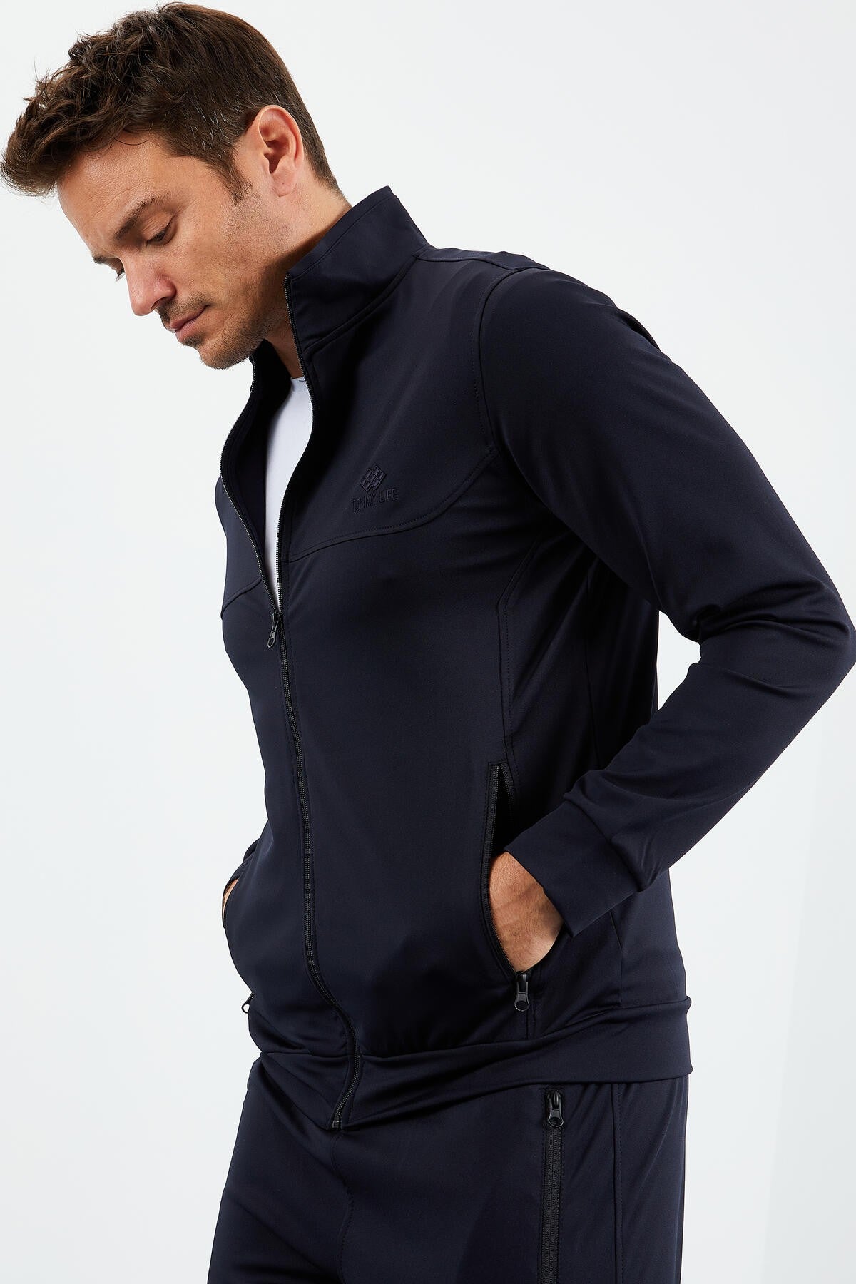 Lacivert Dik Yaka Fermuarlı Standart Kalıp Manşetli Erkek Eşofman Takım - 85160