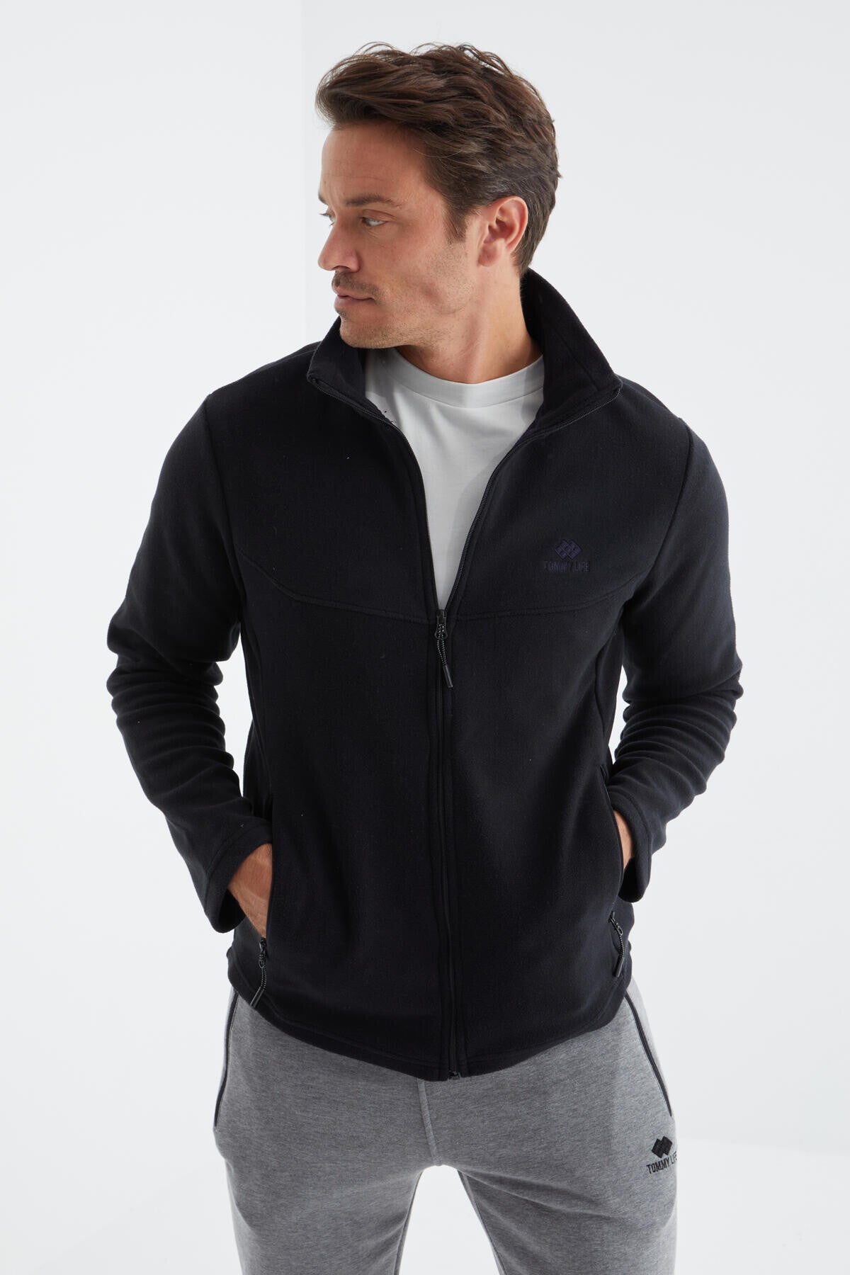 Lacivert Fermuarlı Dik Yaka Standart Kalıp Erkek Polar Sweatshirt - 88134