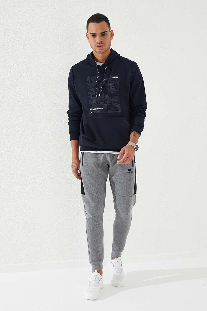 Lacivert Kamuflaj Desen Baskılı Standart Kalıp Kapüşonlu Erkek Sweatshirt - 87884