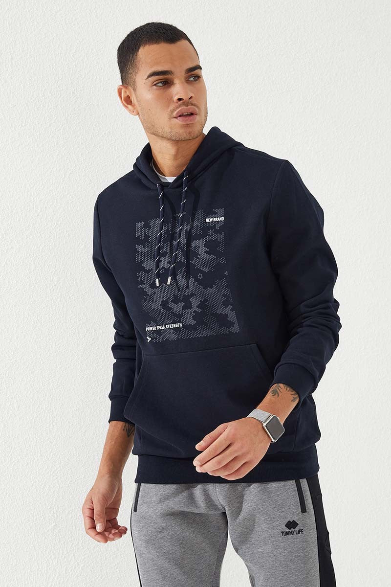 Lacivert Kamuflaj Desen Baskılı Standart Kalıp Kapüşonlu Erkek Sweatshirt - 87884