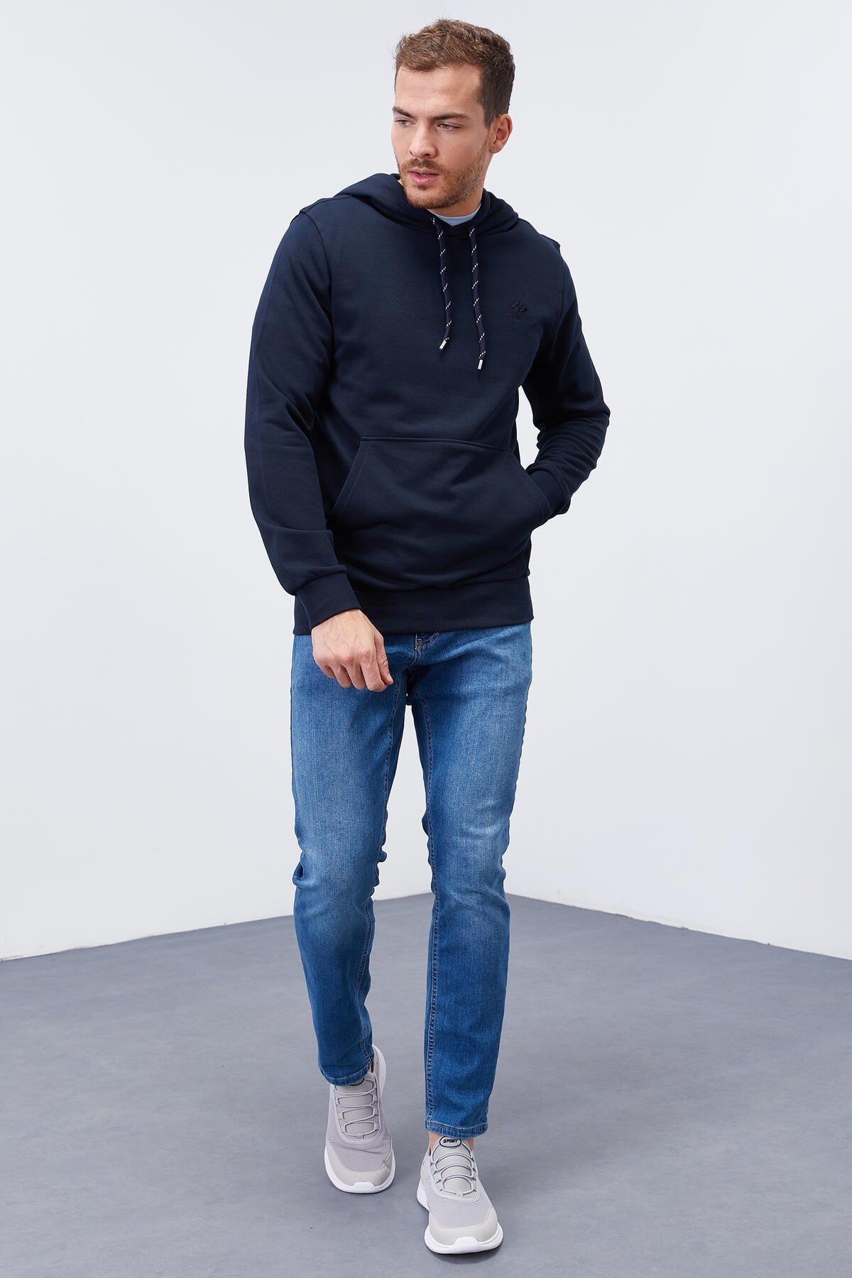 Lacivert Kanguru Cep Standart Kalıp Kapüşonlu Erkek Sweatshirt - 87872