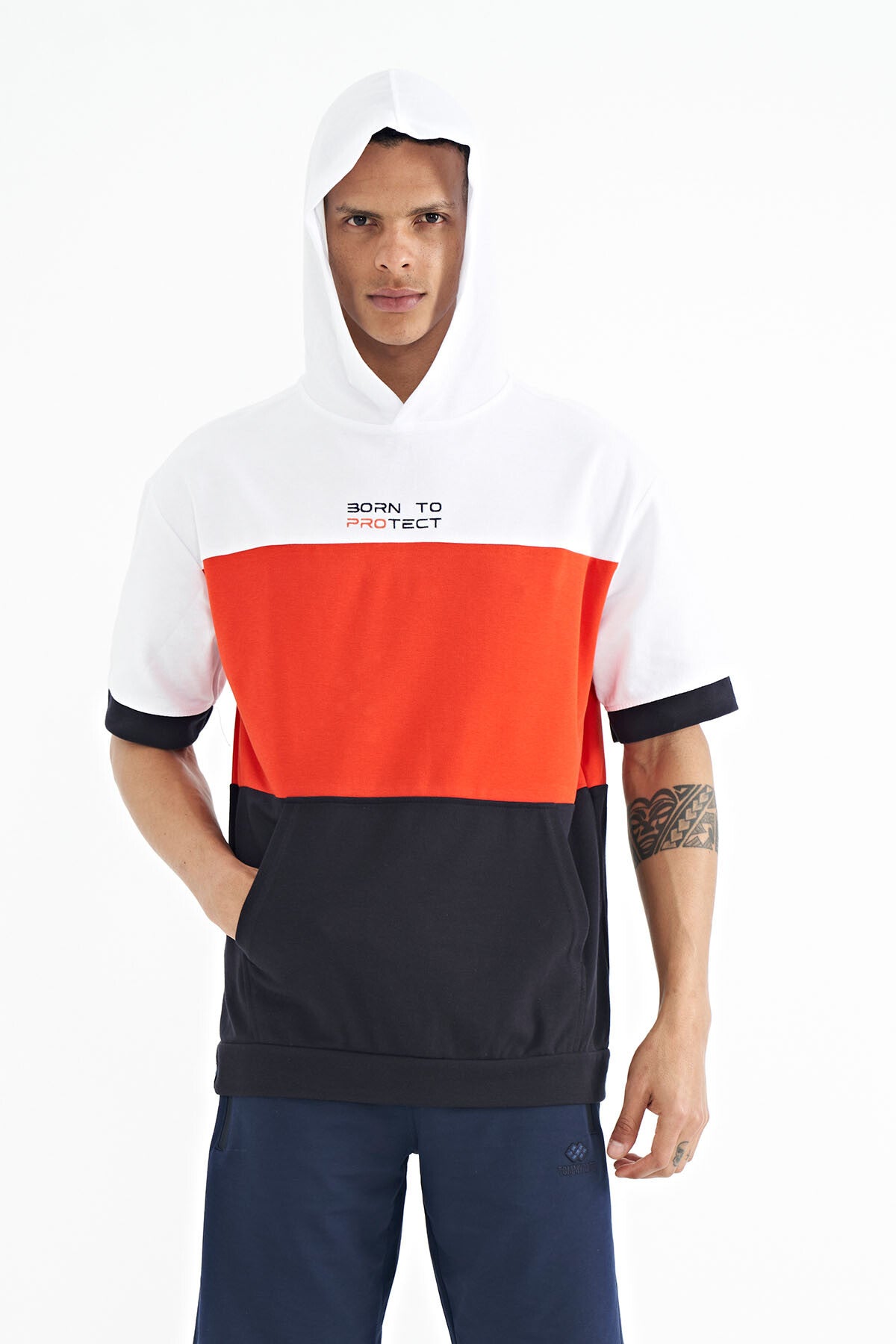 Lacivert Kapüşonlu Baskı Detaylı Oversize Erkek T-shirt - 88191