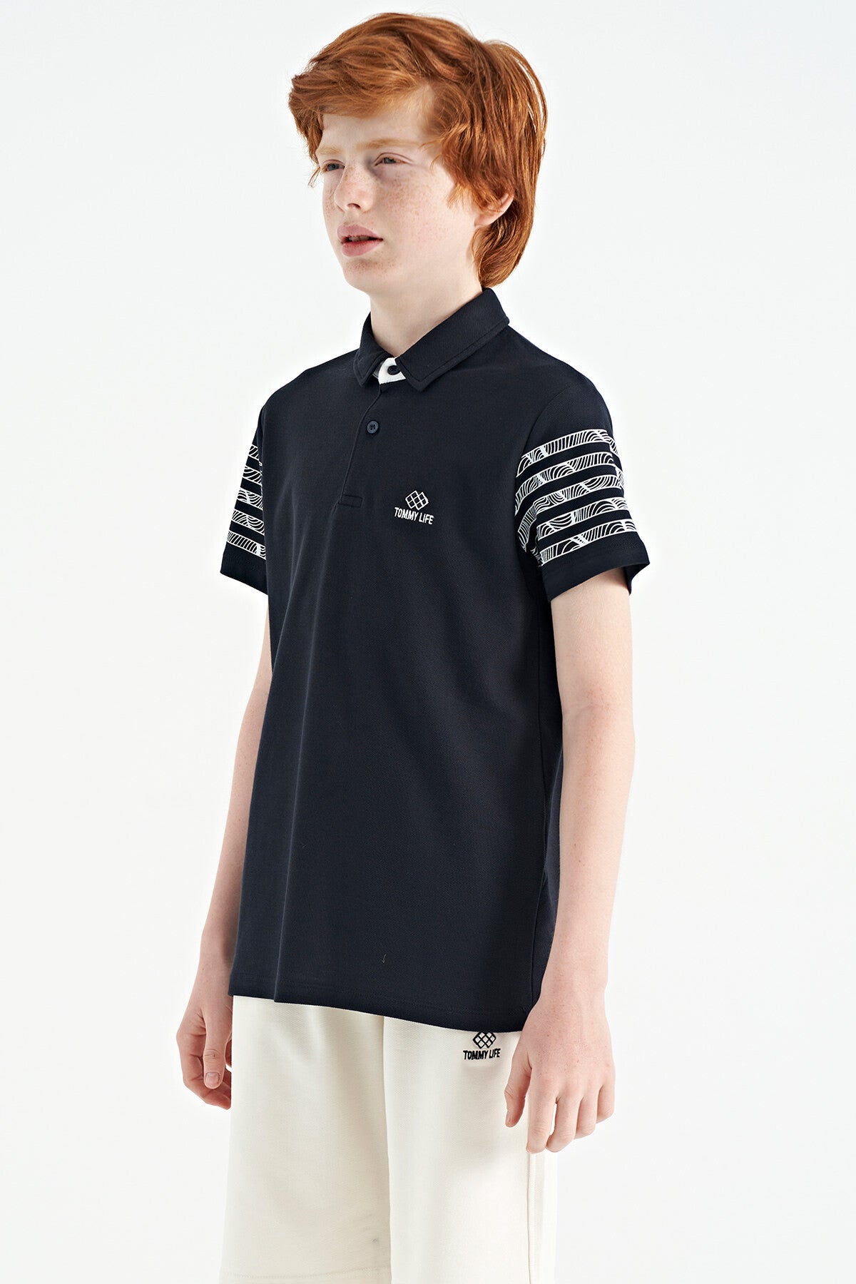 Lacivert Kol Baskı Detaylı Standart Kalıp Polo Yaka Erkek Çocuk T-Shirt - 11093