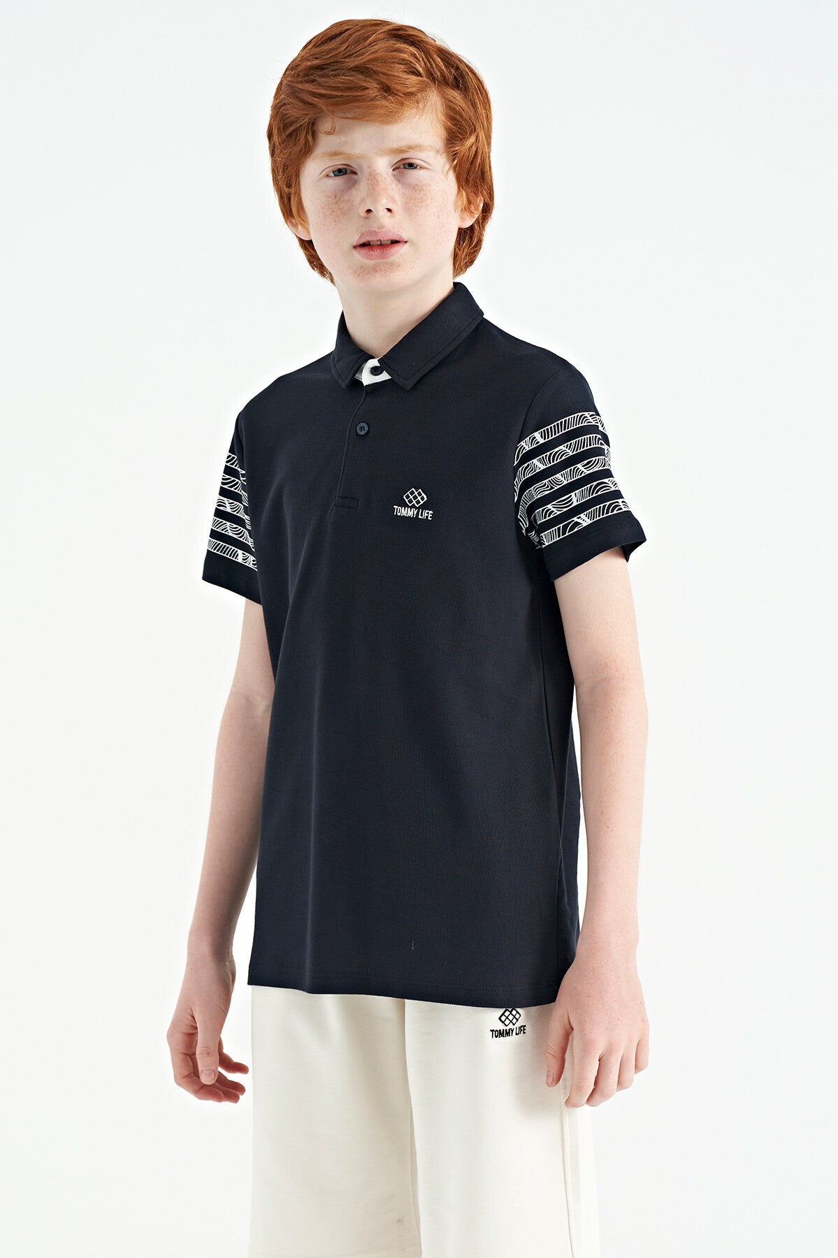 Lacivert Kol Baskı Detaylı Standart Kalıp Polo Yaka Erkek Çocuk T-Shirt - 11093