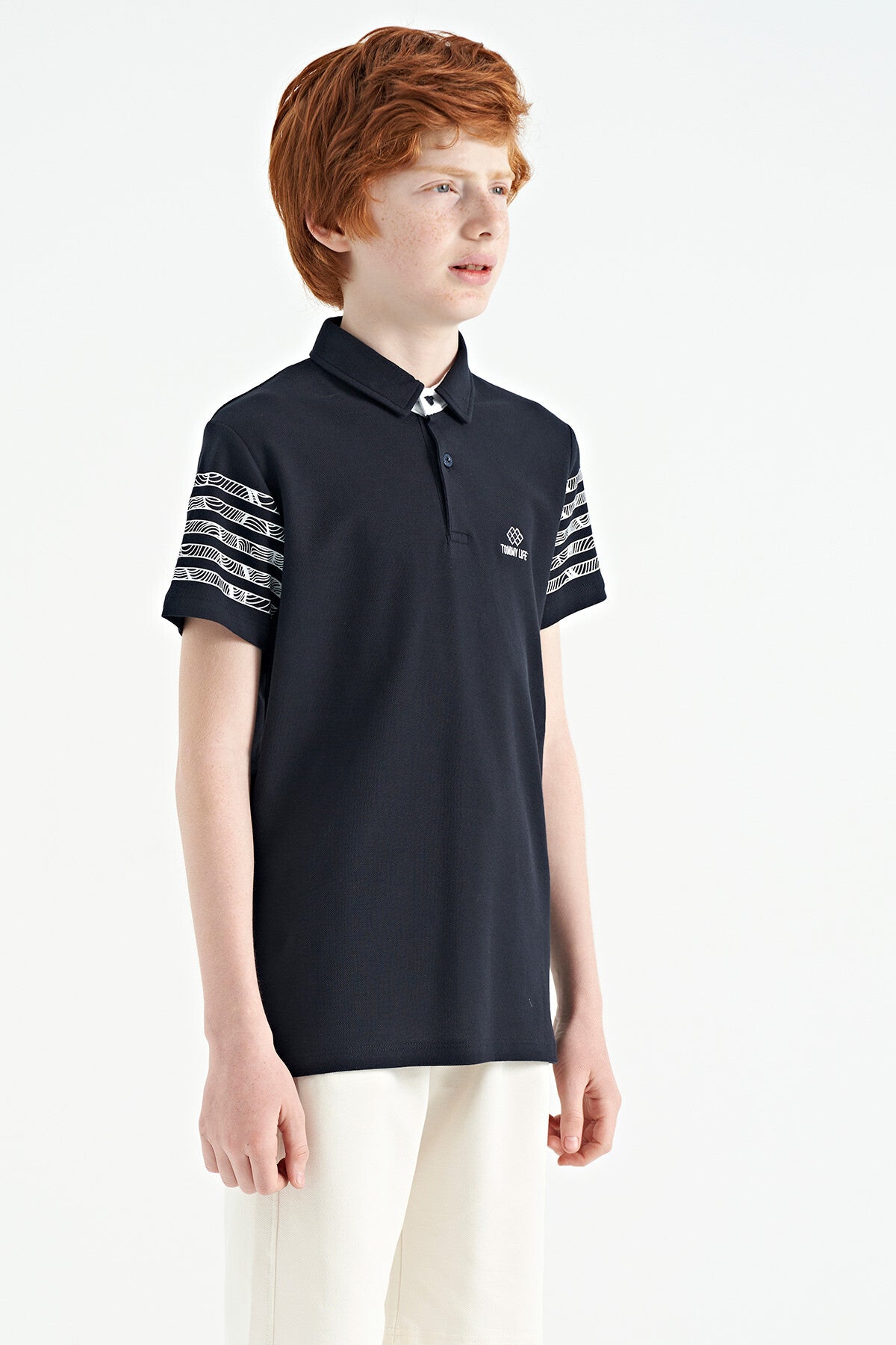 Lacivert Kol Baskı Detaylı Standart Kalıp Polo Yaka Erkek Çocuk T-Shirt - 11093