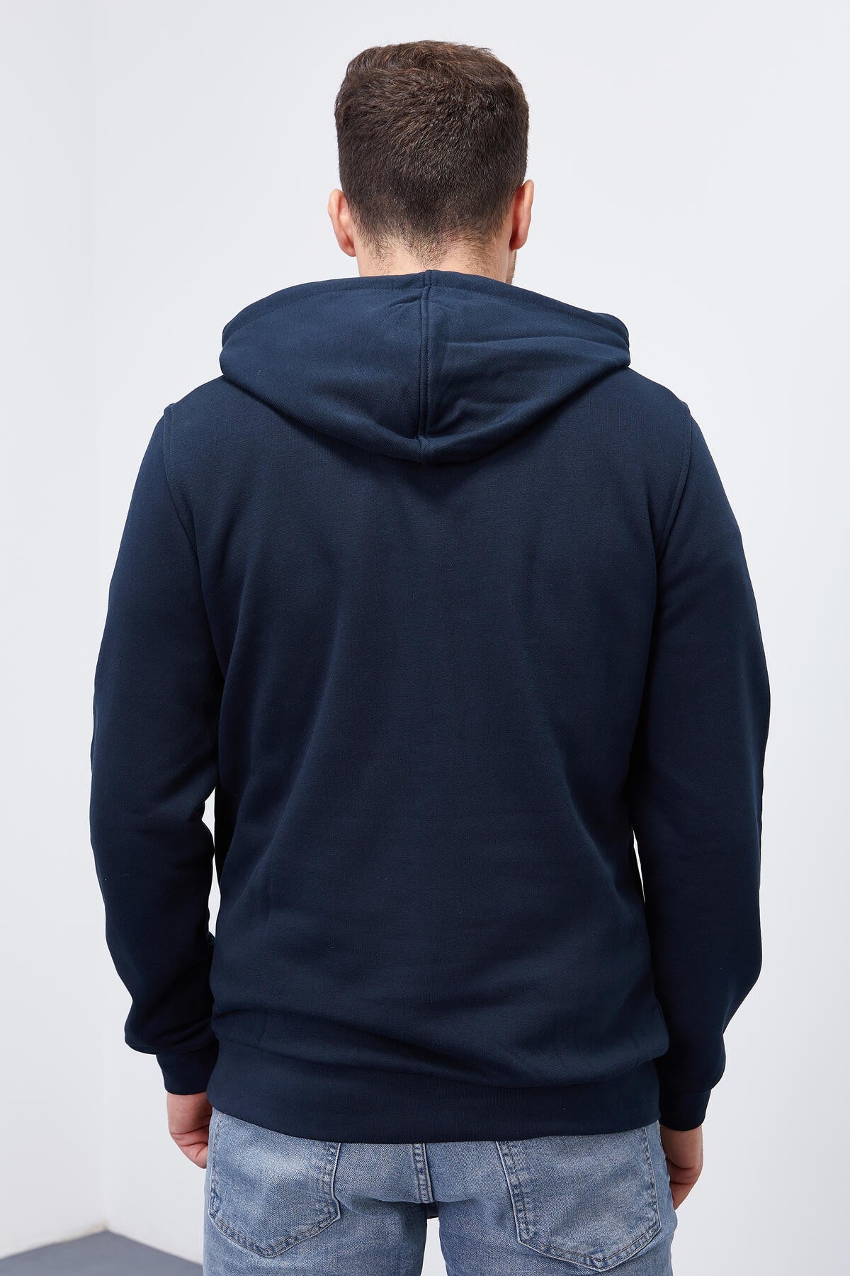 Lacivert Nakışlı Kanguru Cep Standart Kalıp Kapüşonlu Erkek Sweatshirt - 87839