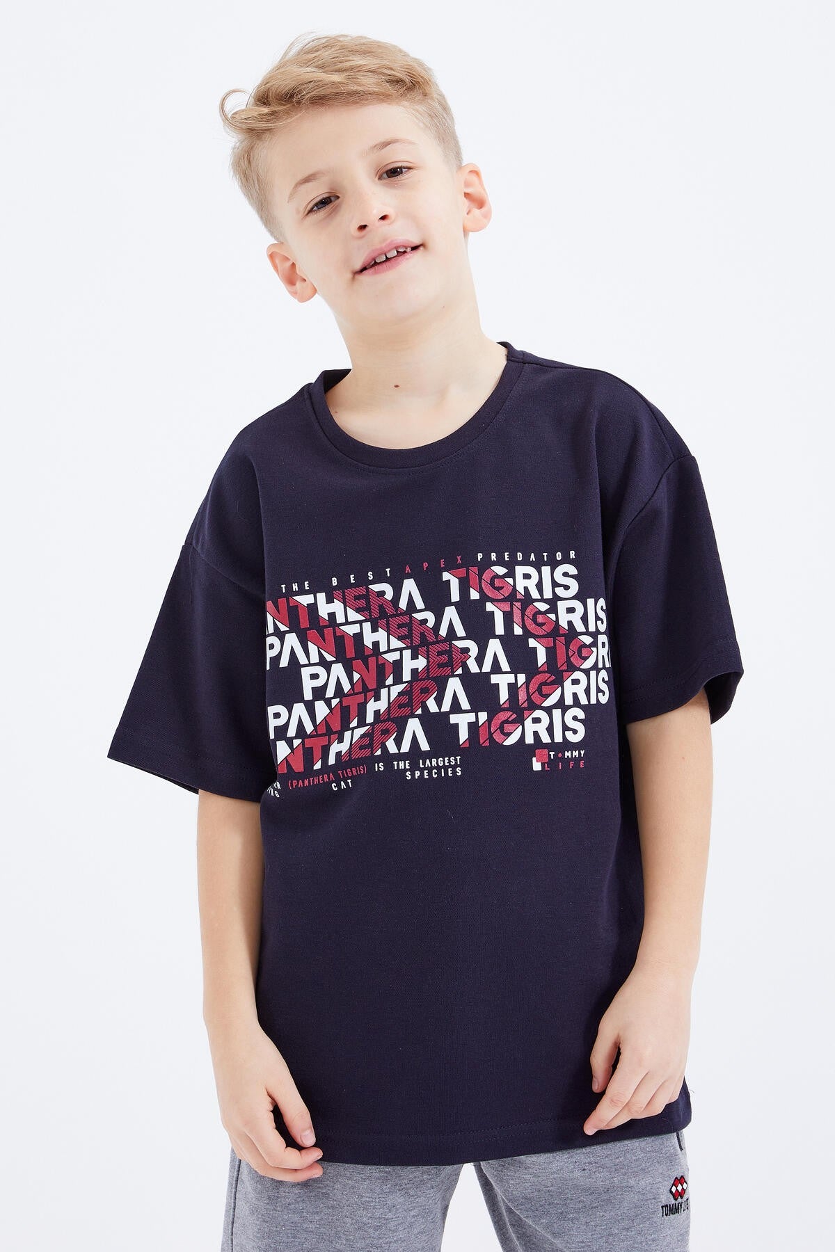 Lacivert Oversize  Yazı Baskılı Kısa Kollu O Yaka Erkek Çocuk T-Shirt  - 10930