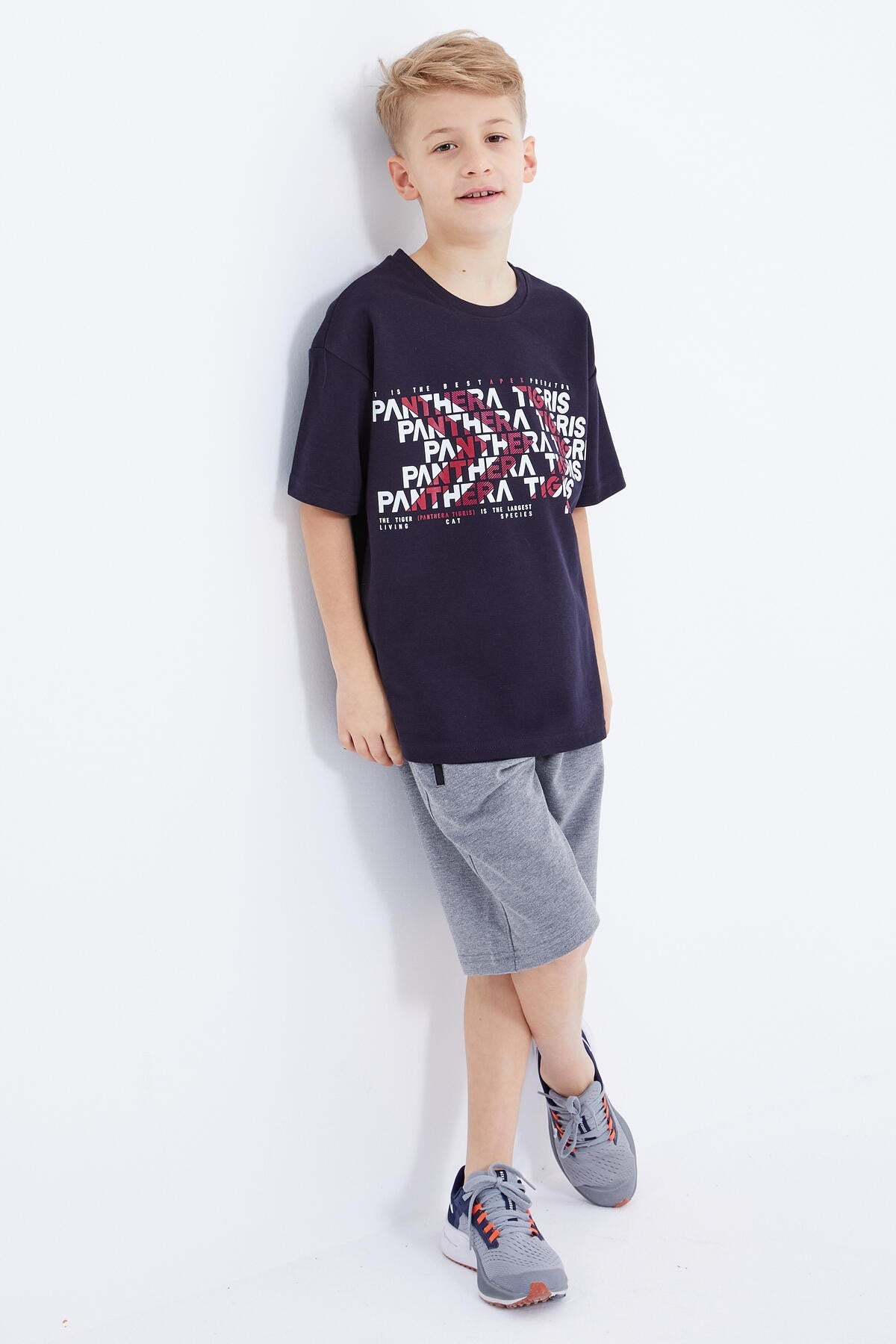 Lacivert Oversize  Yazı Baskılı Kısa Kollu O Yaka Erkek Çocuk T-Shirt  - 10930