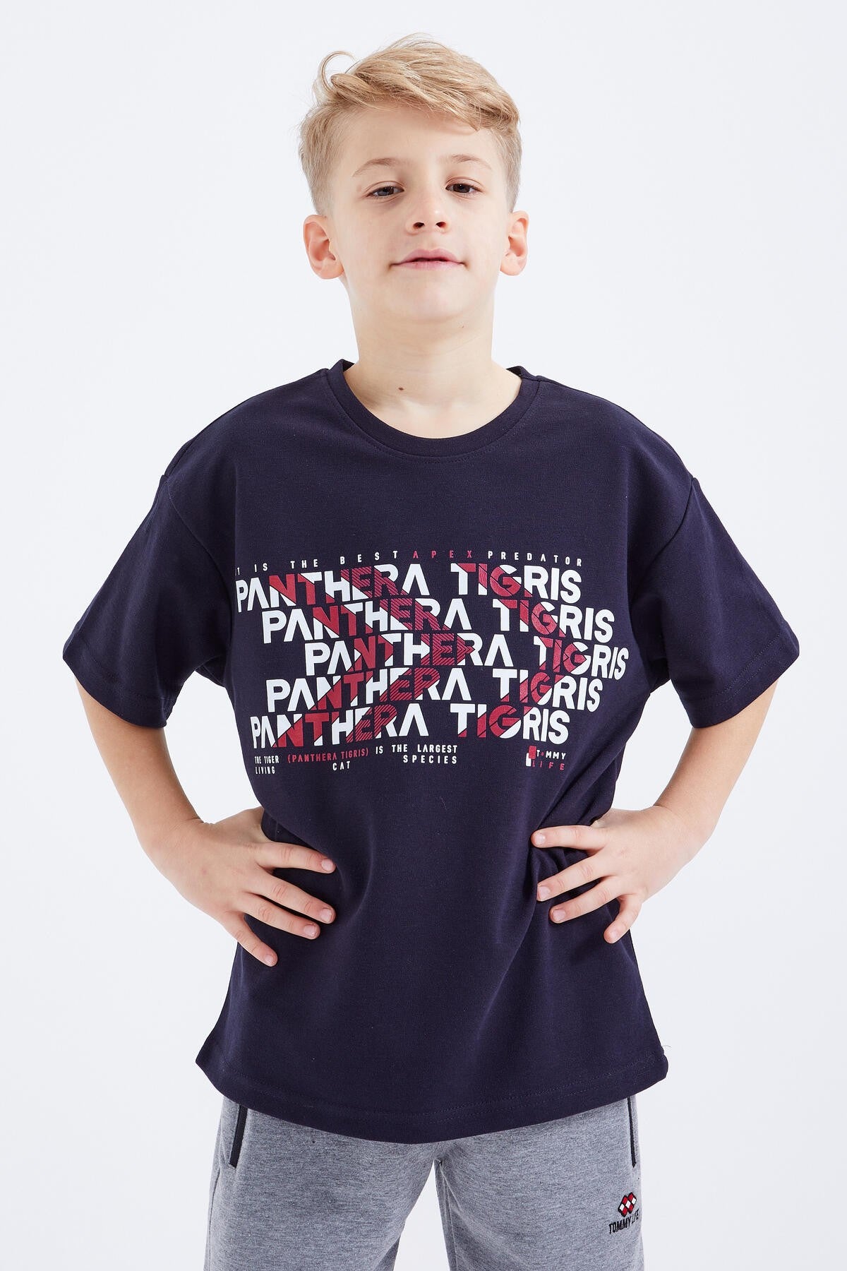 Lacivert Oversize  Yazı Baskılı Kısa Kollu O Yaka Erkek Çocuk T-Shirt  - 10930