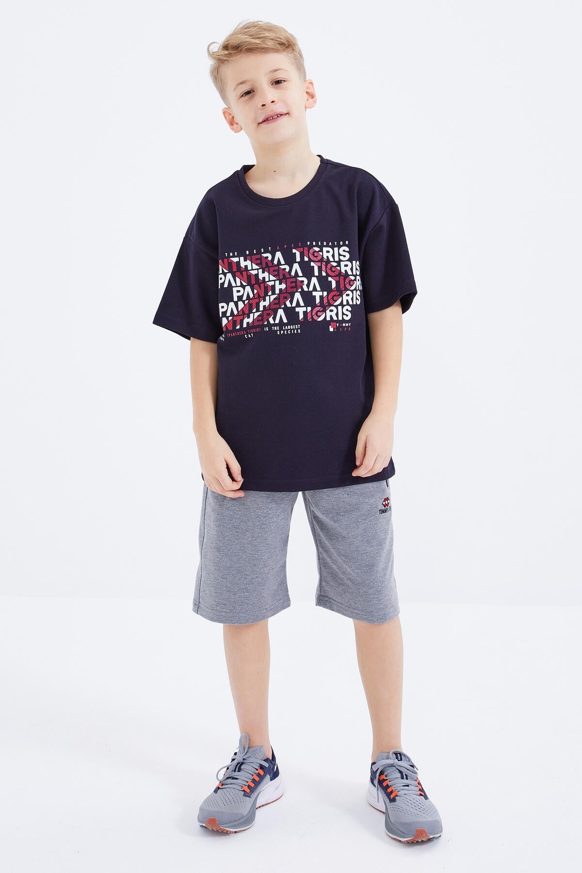 Lacivert Oversize  Yazı Baskılı Kısa Kollu O Yaka Erkek Çocuk T-Shirt  - 10930