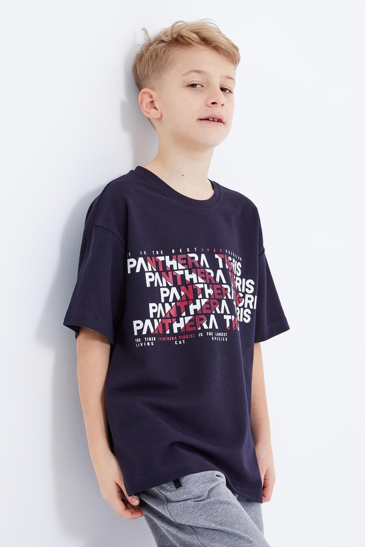 Lacivert Oversize  Yazı Baskılı Kısa Kollu O Yaka Erkek Çocuk T-Shirt  - 10930