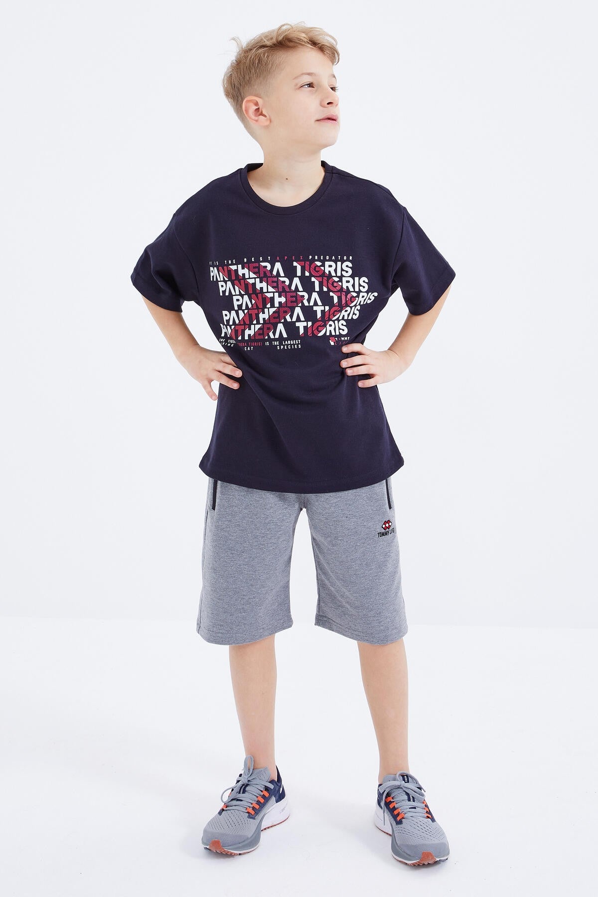 Lacivert Oversize  Yazı Baskılı Kısa Kollu O Yaka Erkek Çocuk T-Shirt  - 10930