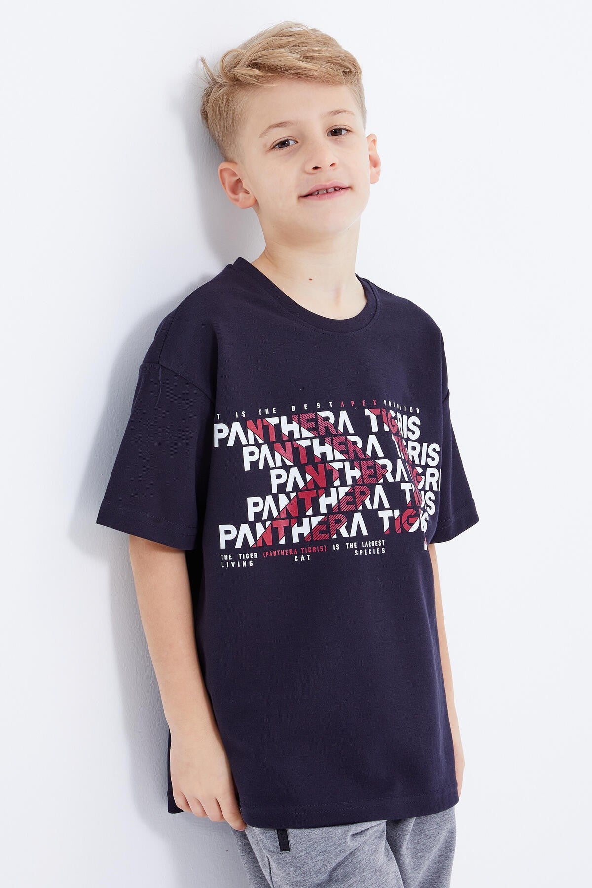 Lacivert Oversize  Yazı Baskılı Kısa Kollu O Yaka Erkek Çocuk T-Shirt  - 10930