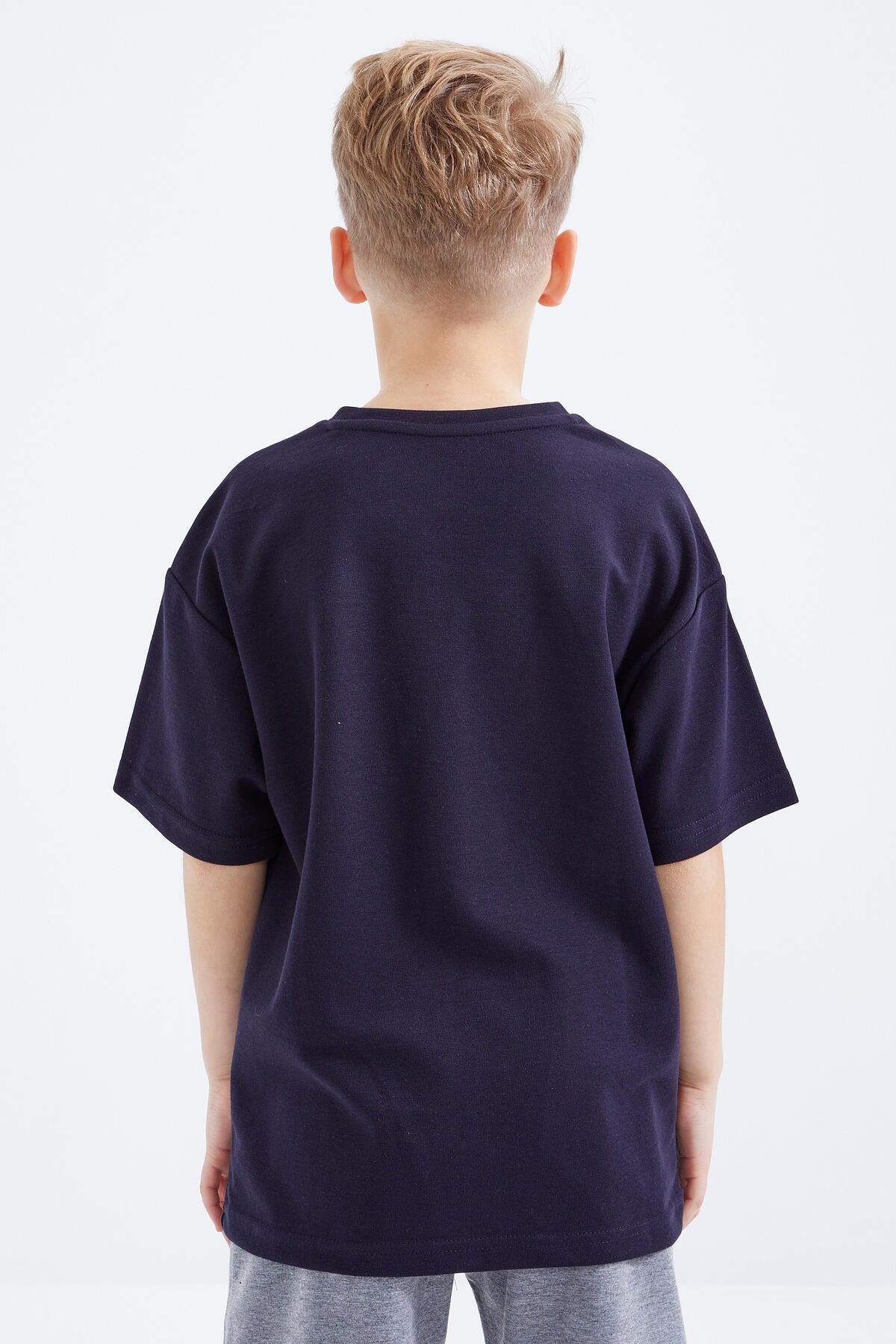 Lacivert Oversize  Yazı Baskılı Kısa Kollu O Yaka Erkek Çocuk T-Shirt  - 10930
