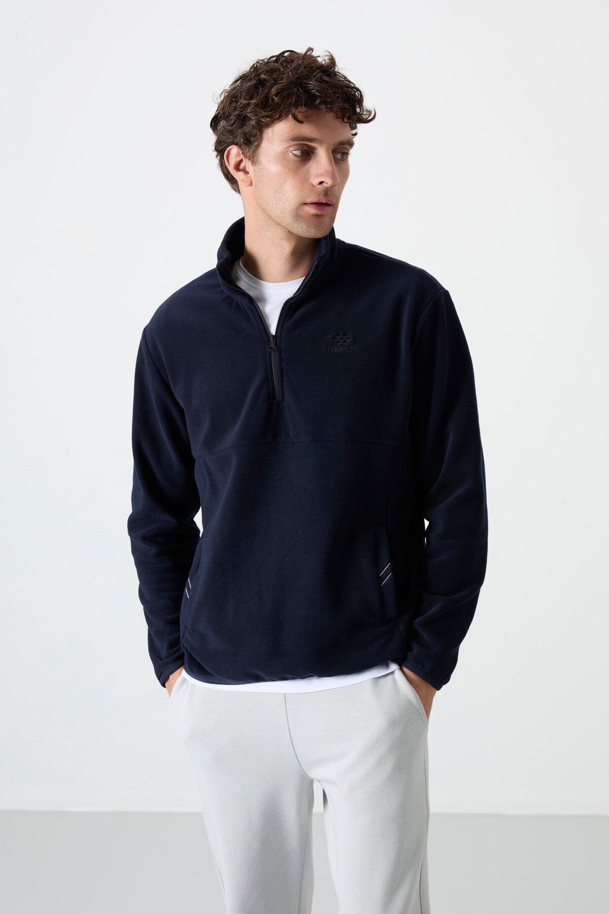 Lacivert Yarım Fermuarlı Sweatshirt Slim Fit Dik Yaka Erkek Polar - 87891