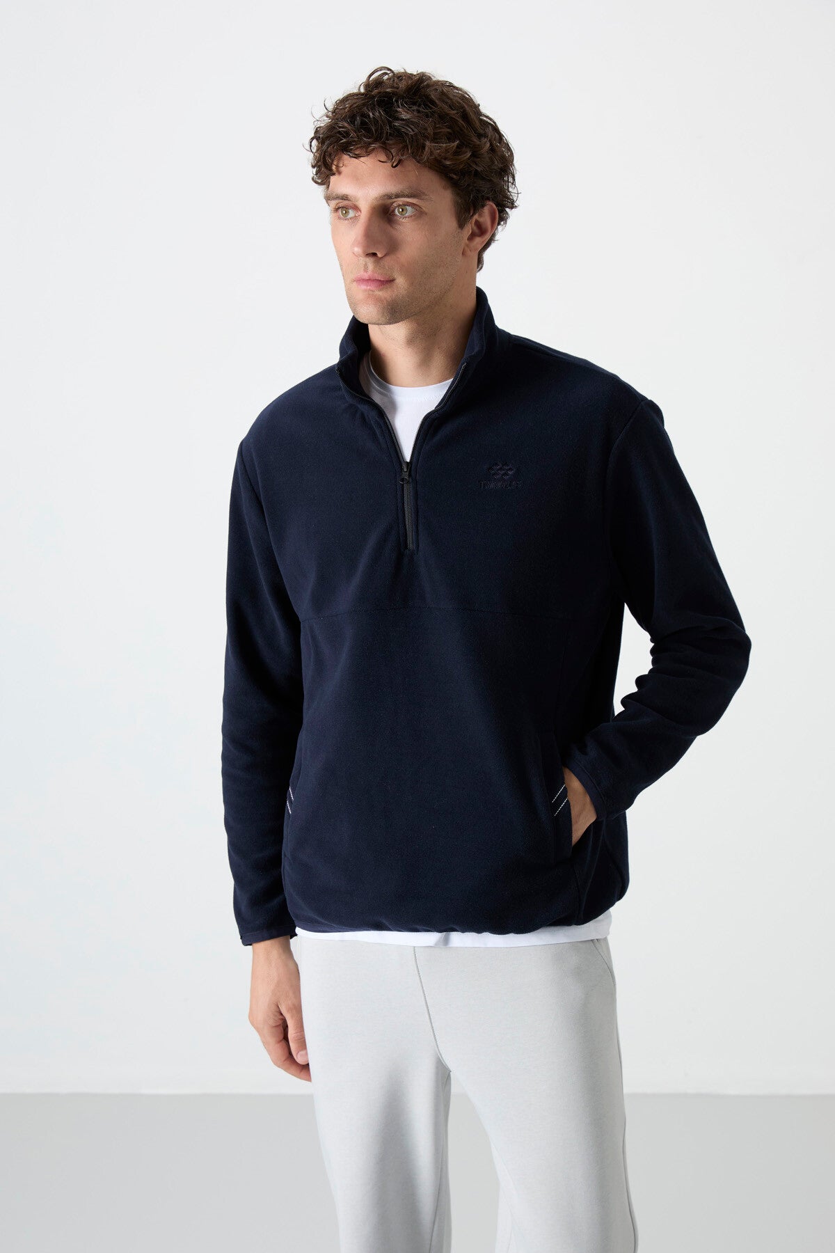 Lacivert Yarım Fermuarlı Sweatshirt Slim Fit Dik Yaka Erkek Polar - 87891