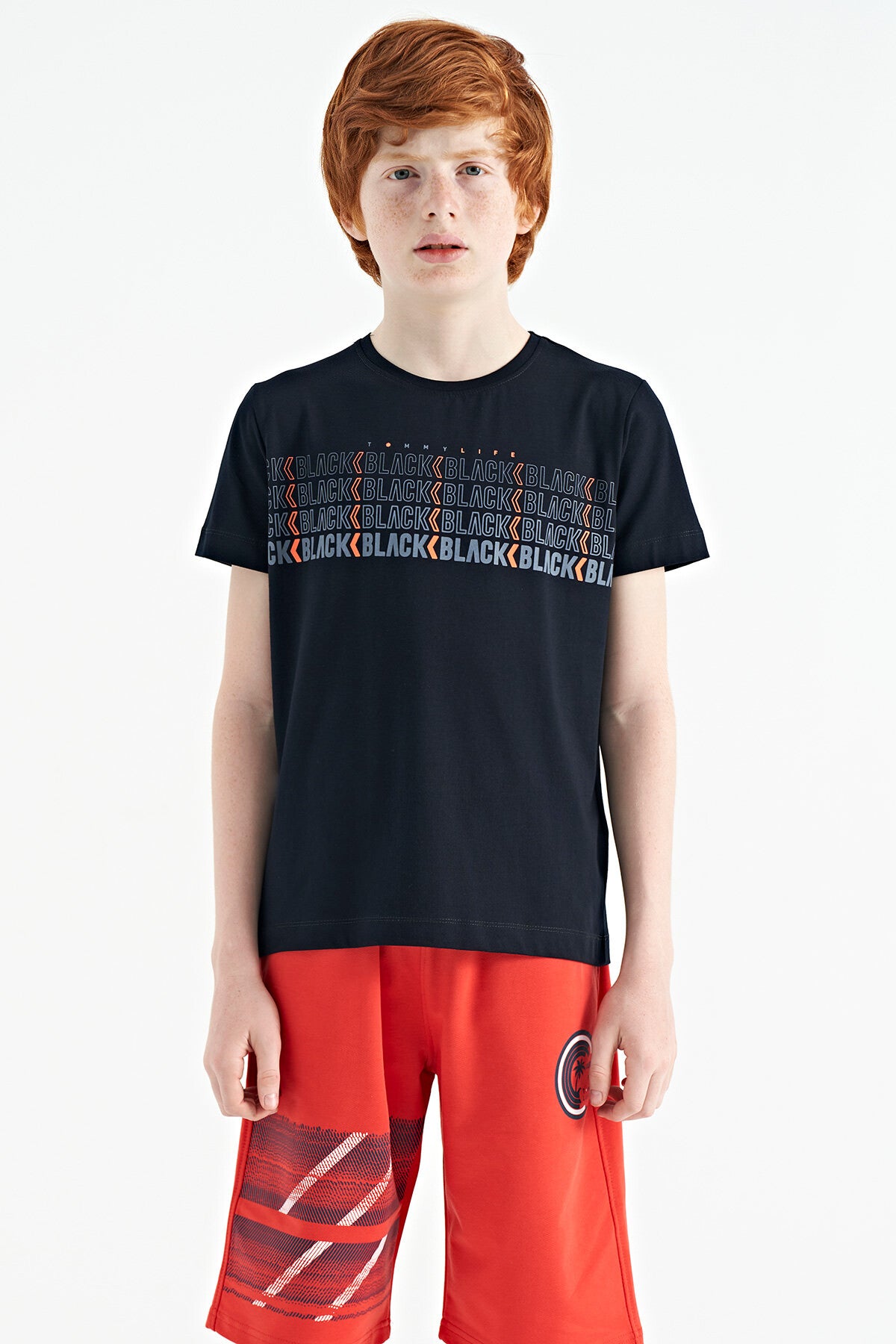 Lacivert Yazı Baskılı O Yaka Standart Kalıp Erkek Çocuk T-Shirt - 11149