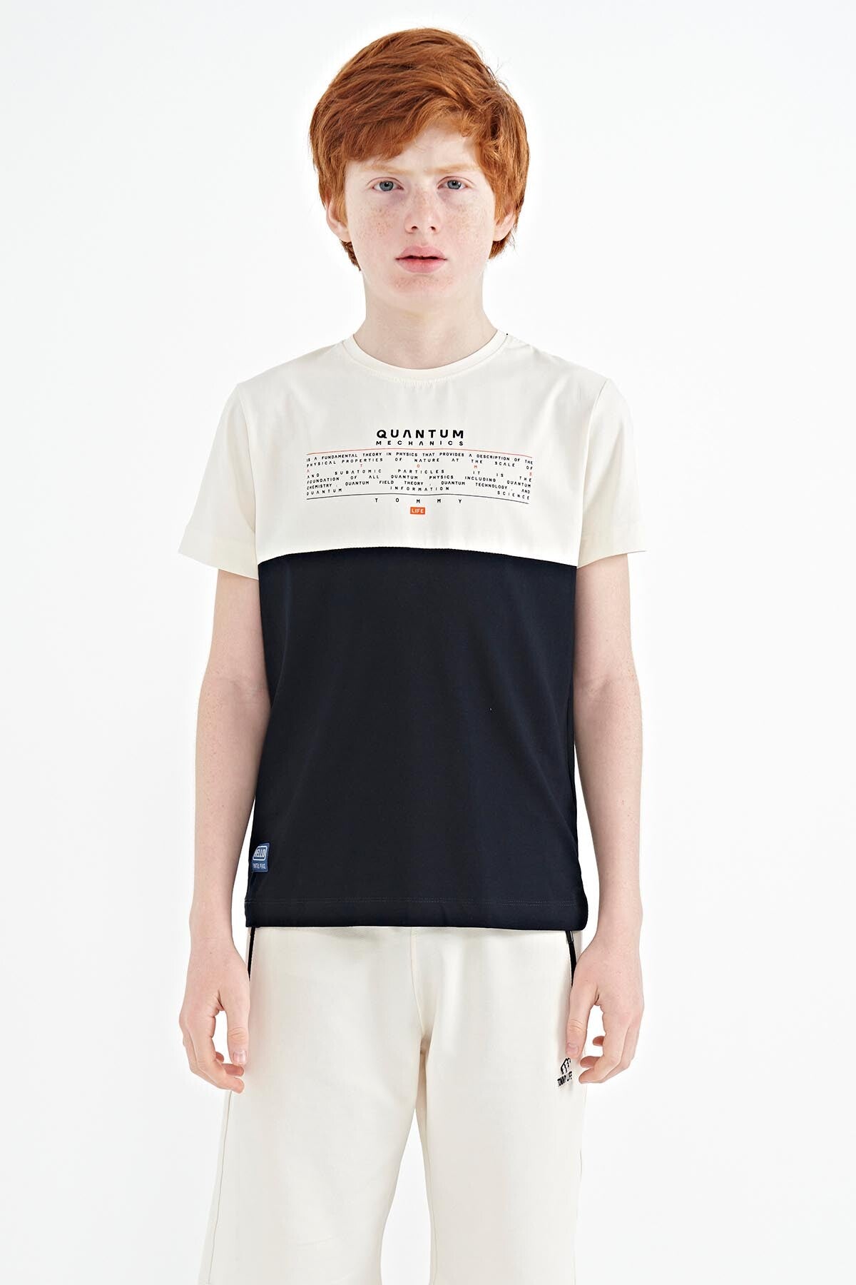 Lacivert Yazı Baskılı Renk Bloklu Standart Kalıp O Yaka Erkek Çocuk T-Shirt - 11134