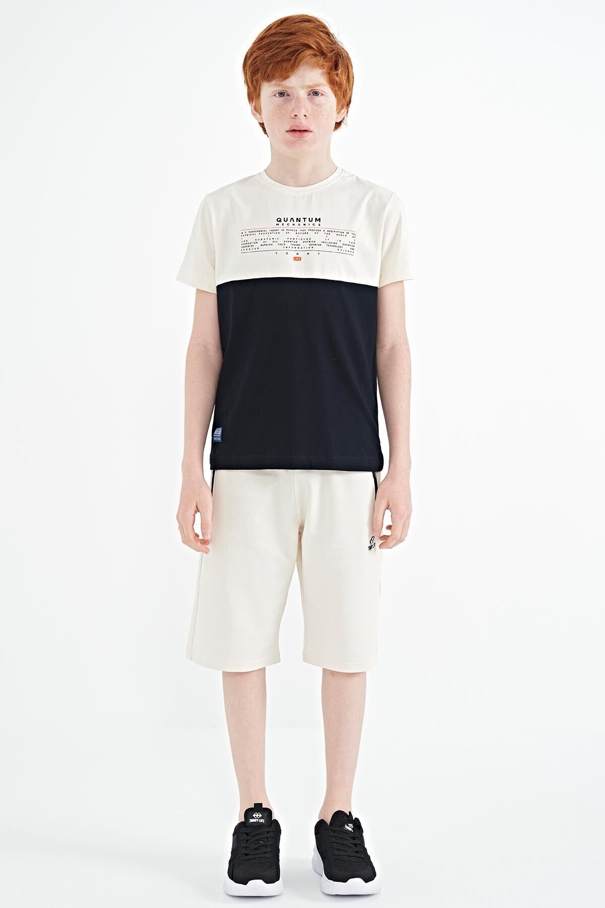 Lacivert Yazı Baskılı Renk Bloklu Standart Kalıp O Yaka Erkek Çocuk T-Shirt - 11134