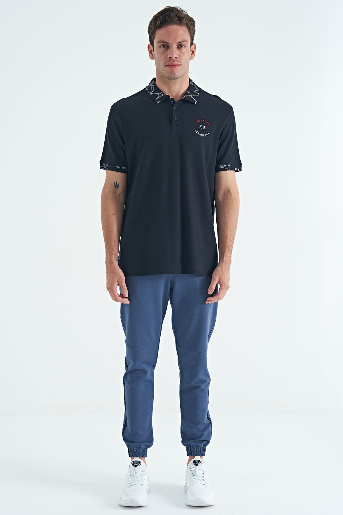 Lacivert Yazı Nakışlı Baskı Detaylı Standart Kalıp Polo Yaka Erkek T-Shirt - 88239