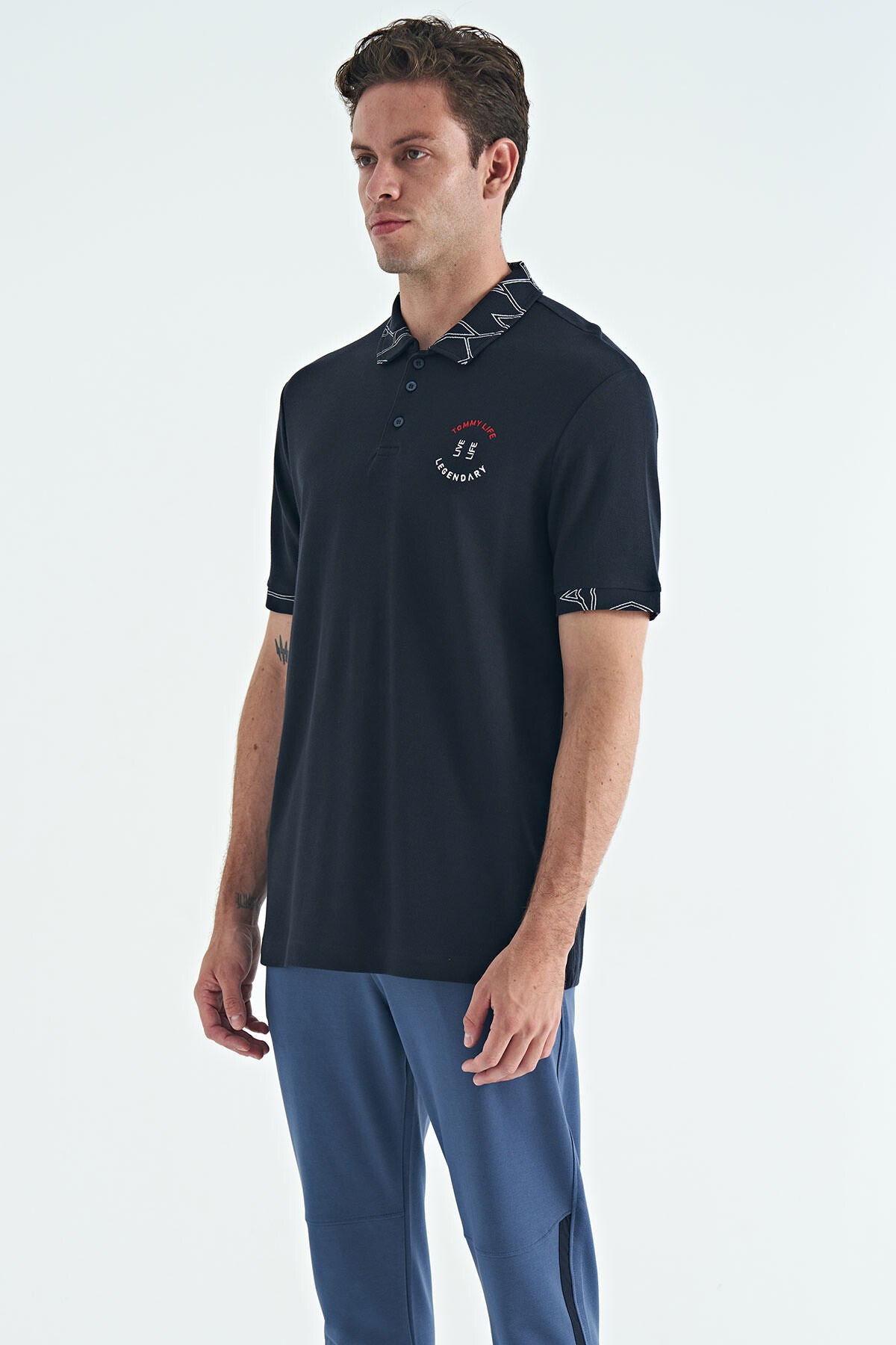 Lacivert Yazı Nakışlı Baskı Detaylı Standart Kalıp Polo Yaka Erkek T-Shirt - 88239
