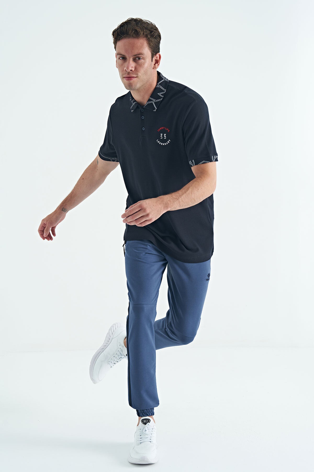 Lacivert Yazı Nakışlı Baskı Detaylı Standart Kalıp Polo Yaka Erkek T-Shirt - 88239