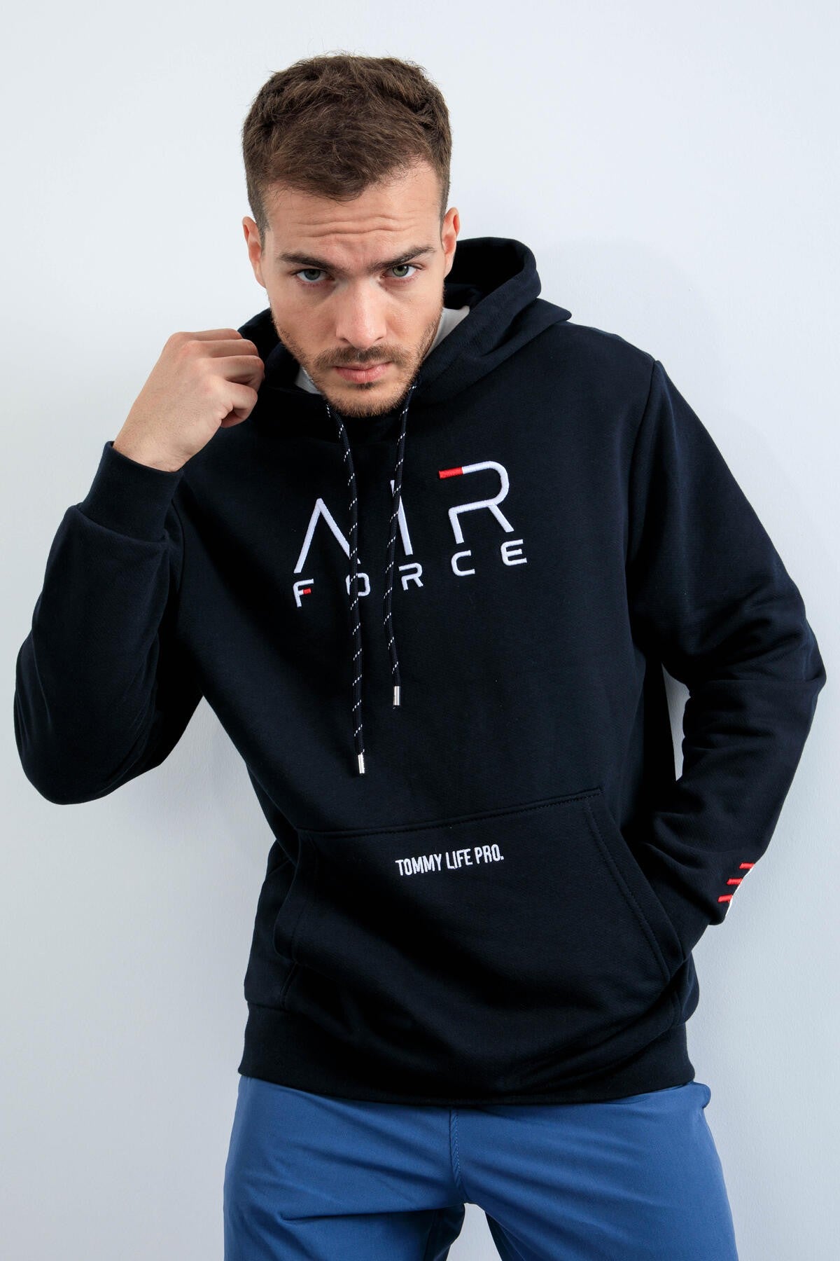 Lacivert Yazı Nakışlı Standart Kalıp Kapüşonlu Erkek Sweatshirt - 87838