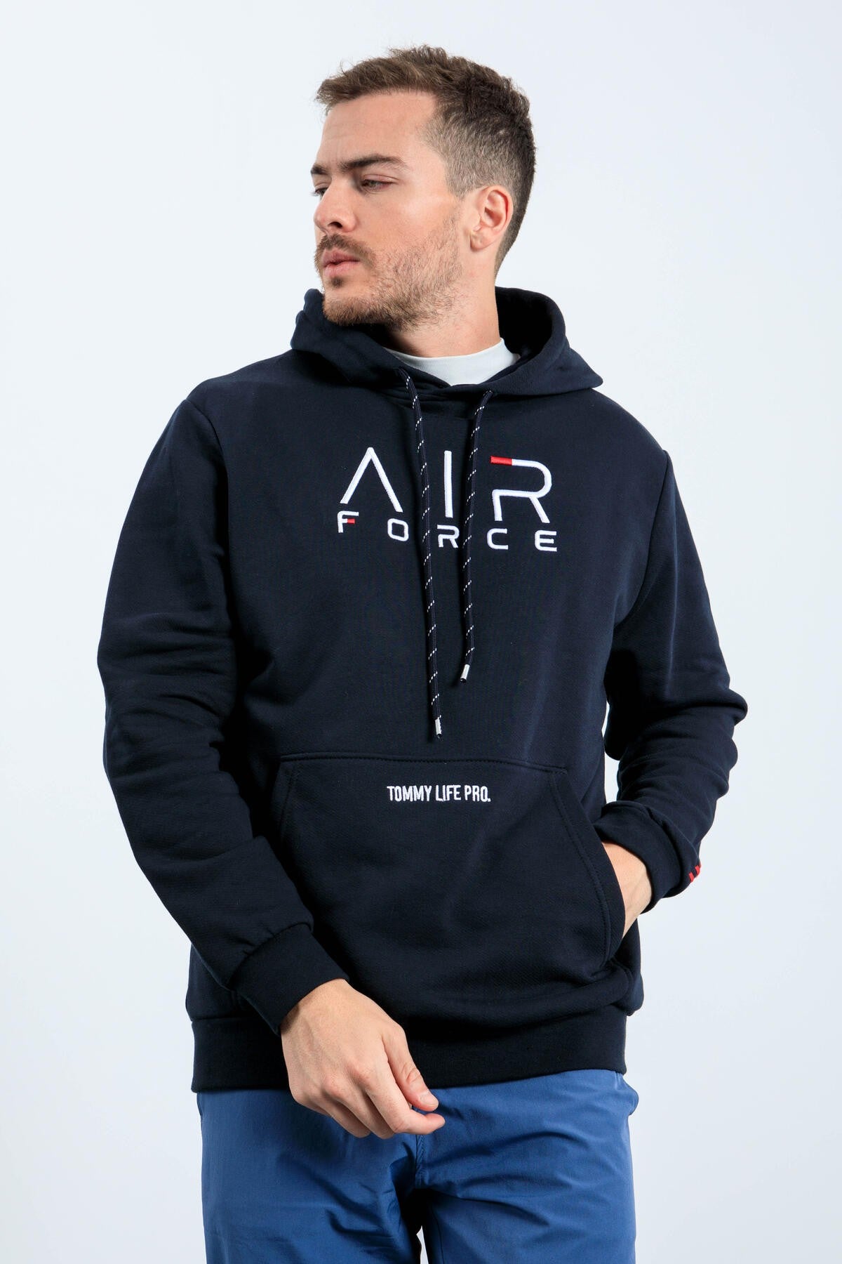Lacivert Yazı Nakışlı Standart Kalıp Kapüşonlu Erkek Sweatshirt - 87838