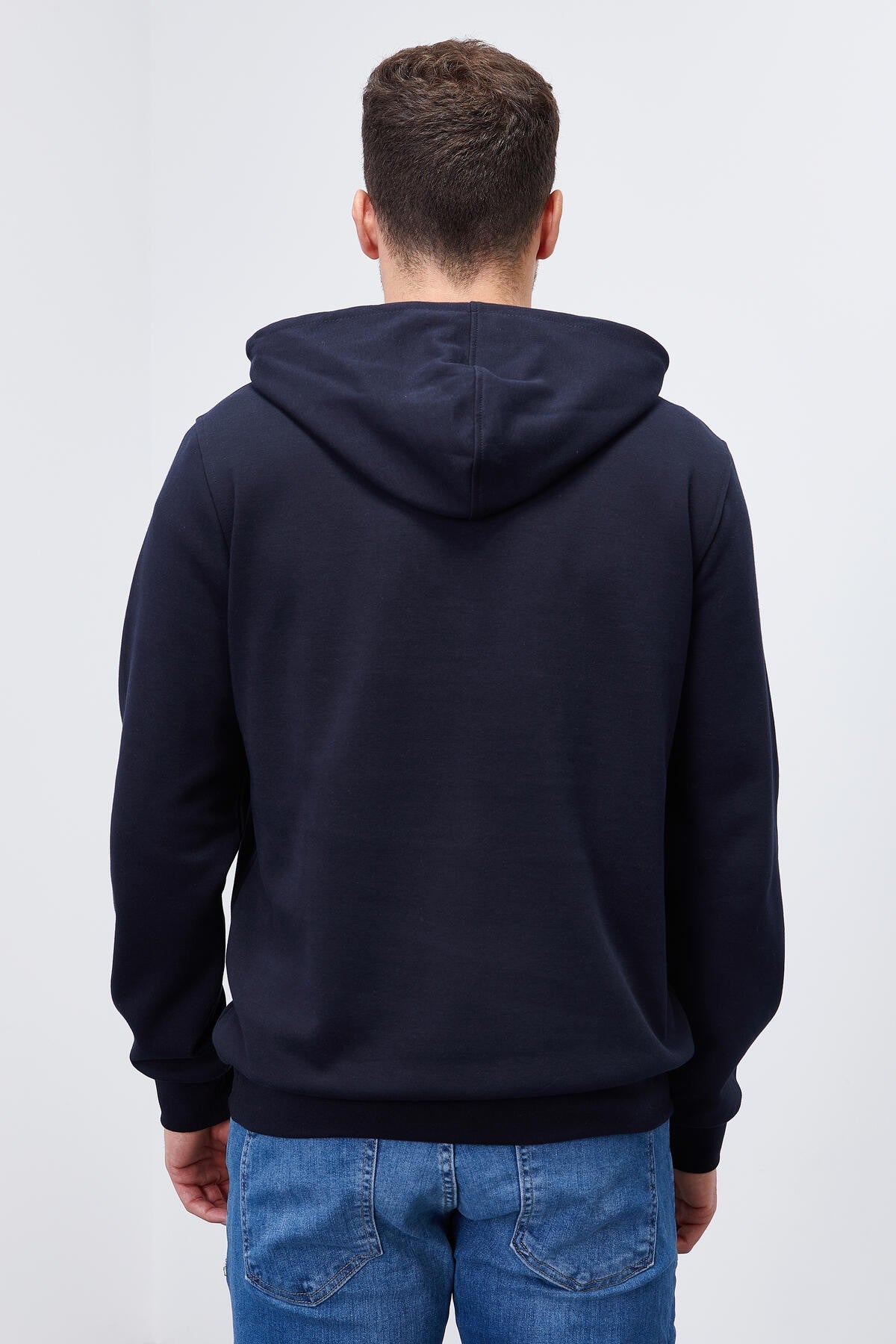 Lacivert Yazı Nakışlı Standart Kalıp Kapüşonlu Erkek Sweatshirt - 87887
